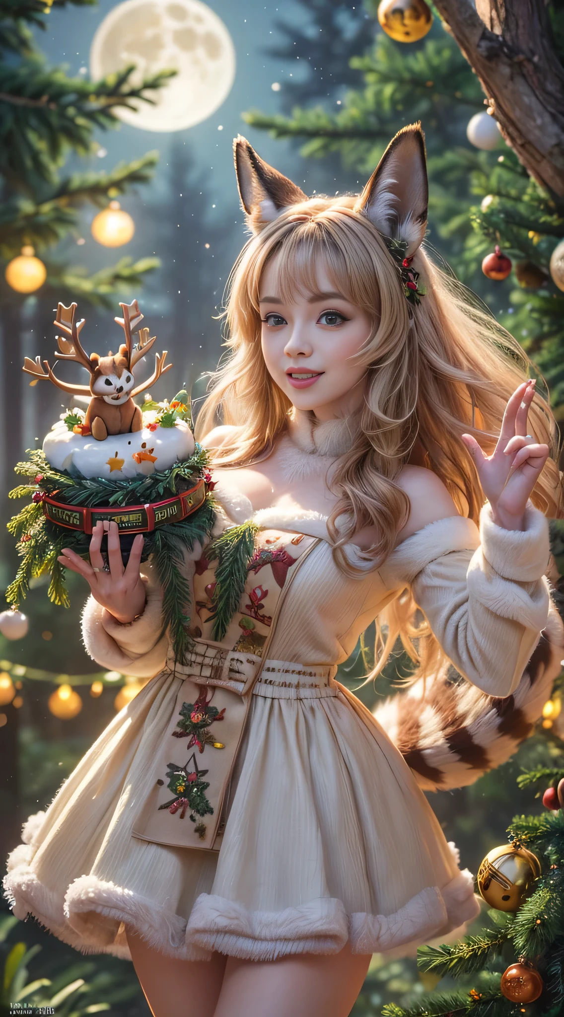 Highest quality, highest resolution, raw photo, realistic, photorealistic, highly detailed and beautiful, finest details, (Forest animals celebrating Christmas, rabbit | raccoon | fox | squirrel), (Christmas cake made of nuts, 1.3), (Animals dancing around a Christmas cake, 1.2), (Large Christmas tree, 1.3), (Fir tree, beautiful autumn leaf decoration, warm and bright atmosphere, joyful gathering, happiness, animals in happy poses, 1.2), (Forest, beautiful stars, full moon, depth of field, 1.2, blur, 1.3),
