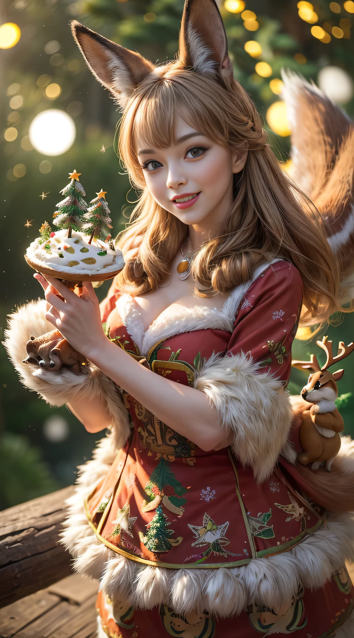Highest quality, highest resolution, raw photo, realistic, photorealistic, highly detailed and beautiful, finest details, (Forest animals celebrating Christmas, rabbit | raccoon | fox | squirrel), (Christmas cake made of nuts, 1.3), (Animals dancing around a Christmas cake, 1.2), (Large Christmas tree, 1.3), (Fir tree, beautiful autumn leaf decoration, warm and bright atmosphere, joyful gathering, happiness, animals in happy poses, 1.2), (Forest, beautiful stars, full moon, depth of field, 1.2, blur, 1.3),