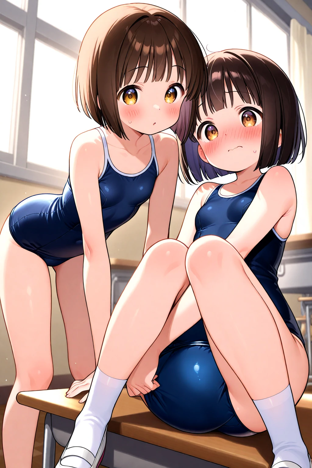 masterpiece, best quality, 3girls, 10yo, (petite), ponytail,
 sad smile, squatting, leotard, see-through,  slip, small , , (school gym:1.1),