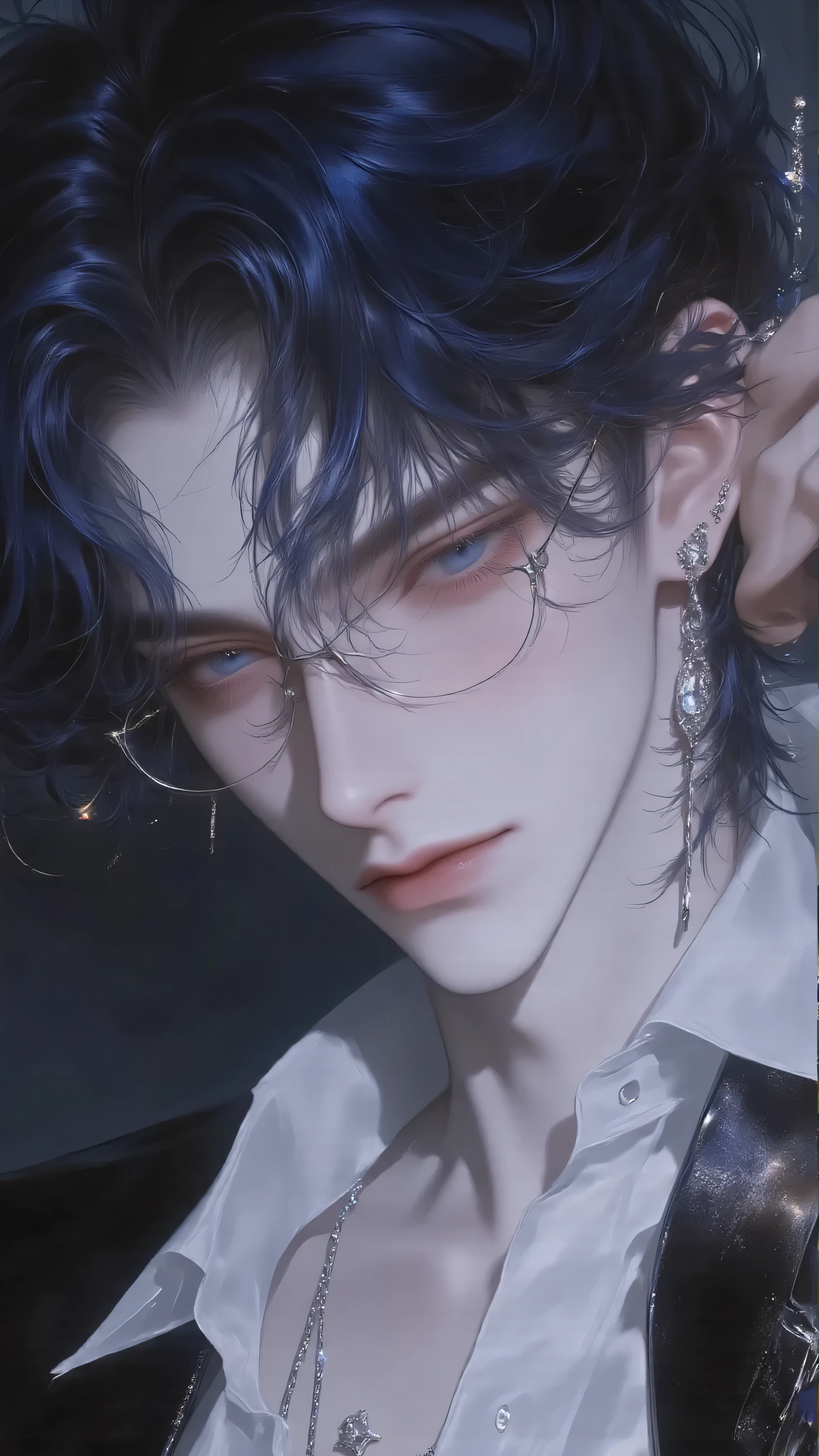 boy,niji,phwamen,male mermaid（Male Siren in human form）， Half Body Close-up，With a seductive yet cold air、Aloof and world-weary temperament。Dark blue long hair slightly messy，with a damp sheen，A few bunches of hair scattered on the side of his face。Deep sea blue eyes through thin phme-rimmed glasses，Cold snap Small spiral-shaped brooch with a hint of charm and danger。The handsome face is more three-dimensional under the side light，Slightly raised corners of mouth，with an undetectable air of mystery。

clothing：White shirt collar unbutton clasp，exposed collarbone，Sleeves casually revealing forearm，out wearing a dark suit top。Fingers lingering on unfolded antique books，indicates he is flipping。inserted into the breast pocket，with a low-key silver chain on his wrist，Embellished「sea breeze」of the tribe。

Background：古典書房氛圍 blurry處理，Wooden bookcase with candlelight hidden，moonlight on the side，The light falls on him Half-side face，Ambience Mysterious、Quiet and dangerous。

style of painting：Japanese semi-realistic，High Resolution， Extra high detail ，Movie Texture in Private Girlfriends' Room，1:1 Close-up。

Negative Hints：
Low image quality、Error Anatomy、extra limbs、missing body、warped、 blurry、deformity、Pixelation、Ugly 、Noise、character、Watermark、signature

Set：
— style：Japanese semi-realistic
– 畫質：8K Ultra HD、Masterclass
— Aspect Ratio：1:1