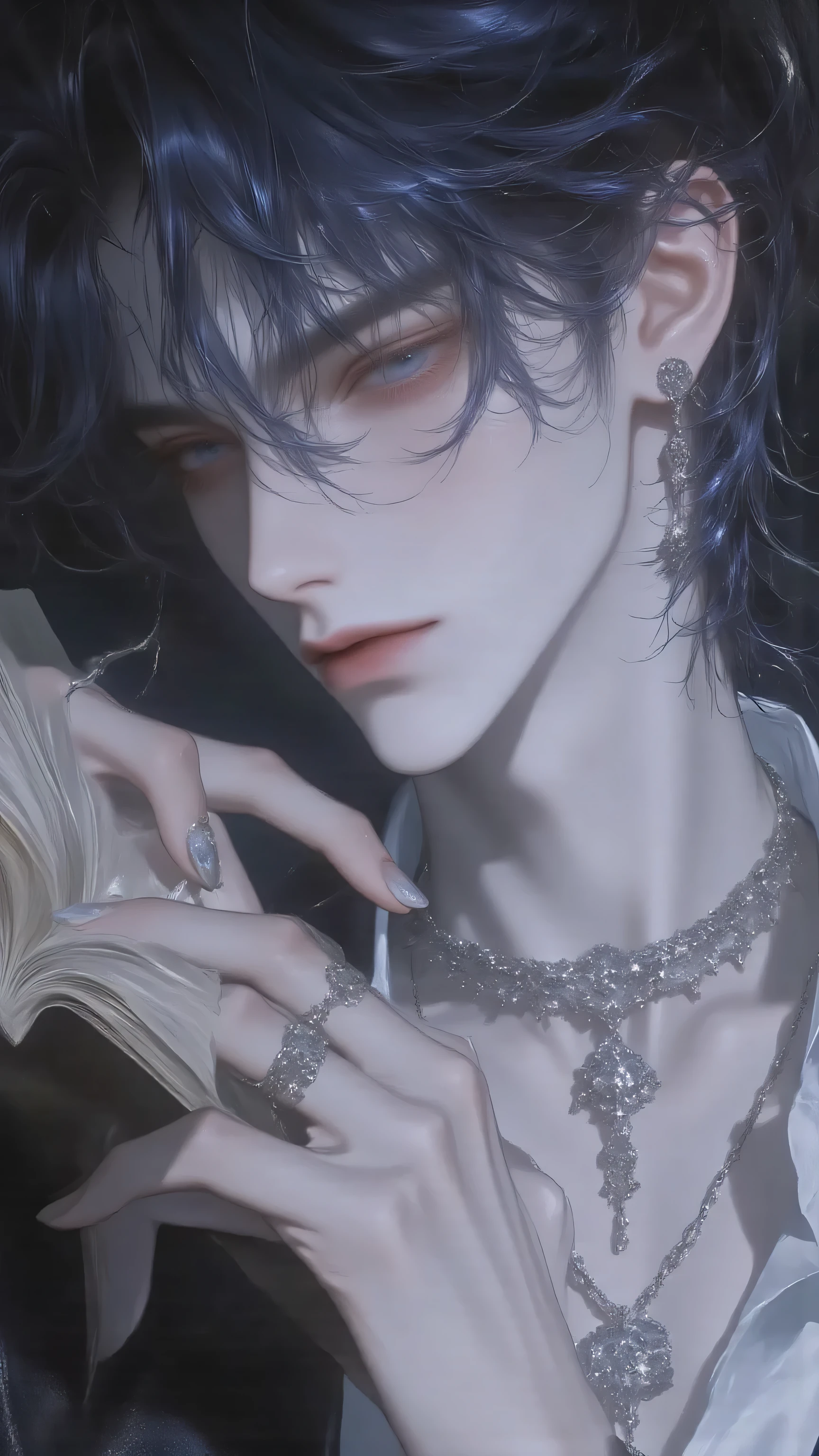 boy,niji,phwamen,male mermaid（Male Siren in human form）， Half Body Close-up，With a seductive yet cold air、Aloof and world-weary temperament。Dark blue long hair slightly messy，with a damp sheen，A few bunches of hair scattered on the side of his face。Deep sea blue eyes through thin phme-rimmed glasses，Cold snap Small spiral-shaped brooch with a hint of charm and danger。The handsome face is more three-dimensional under the side light，Slightly raised corners of mouth，with an undetectable air of mystery。

clothing：White shirt collar unbutton clasp，exposed collarbone，Sleeves casually revealing forearm，out wearing a dark suit top。Fingers lingering on unfolded antique books，indicates he is flipping。inserted into the breast pocket，with a low-key silver chain on his wrist，Embellished「sea breeze」of the tribe。

Background：古典書房氛圍 blurry處理，Wooden bookcase with candlelight hidden，moonlight on the side，The light falls on him Half-side face，Ambience Mysterious、Quiet and dangerous。

style of painting：Japanese semi-realistic，High Resolution， Extra high detail ，Movie Texture in Private Girlfriends' Room，1:1 Close-up。

Negative Hints：
Low image quality、Error Anatomy、extra limbs、missing body、warped、 blurry、deformity、Pixelation、Ugly 、Noise、character、Watermark、signature

Set：
— style：Japanese semi-realistic
– 畫質：8K Ultra HD、Masterclass
— Aspect Ratio：1:1