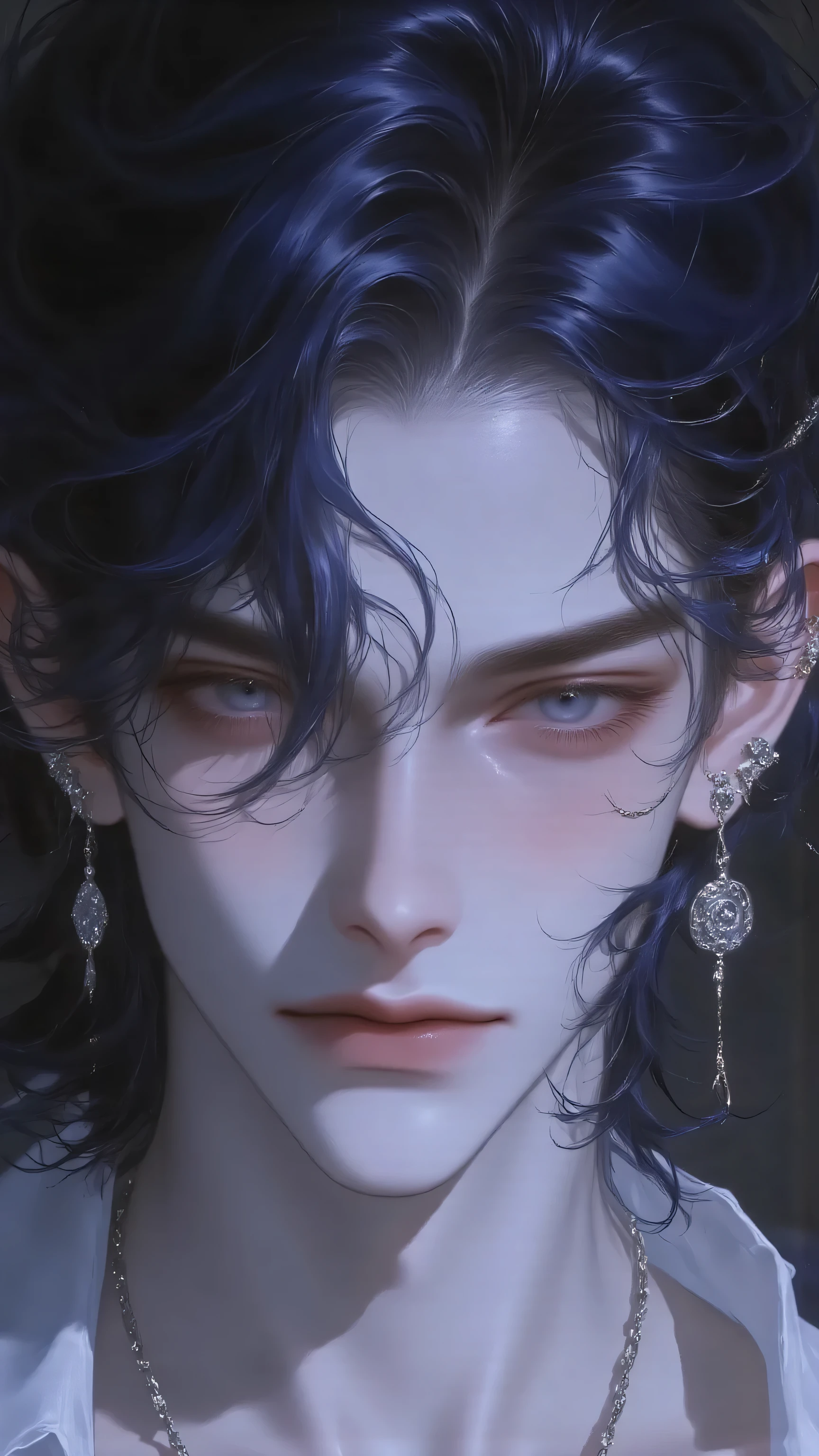 boy,niji,phwamen,male mermaid（Male Siren in human form）， Half Body Close-up，With a seductive yet cold air、Aloof and world-weary temperament。Dark blue long hair slightly messy，with a damp sheen，A few bunches of hair scattered on the side of his face。Deep sea blue eyes through thin phme-rimmed glasses，Cold snap Small spiral-shaped brooch with a hint of charm and danger。The handsome face is more three-dimensional under the side light，Slightly raised corners of mouth，with an undetectable air of mystery。

clothing：White shirt collar unbutton clasp，exposed collarbone，Sleeves casually revealing forearm，out wearing a dark suit top。Fingers lingering on unfolded antique books，indicates he is flipping。inserted into the breast pocket，with a low-key silver chain on his wrist，Embellished「sea breeze」of the tribe。

Background：古典書房氛圍 blurry處理，Wooden bookcase with candlelight hidden，moonlight on the side，The light falls on him Half-side face，Ambience Mysterious、Quiet and dangerous。

style of painting：Japanese semi-realistic，High Resolution， Extra high detail ，Movie Texture in Private Girlfriends' Room，1:1 Close-up。

Negative Hints：
Low image quality、Error Anatomy、extra limbs、missing body、warped、 blurry、deformity、Pixelation、Ugly 、Noise、character、Watermark、signature

Set：
— style：Japanese semi-realistic
– 畫質：8K Ultra HD、Masterclass
— Aspect Ratio：1:1