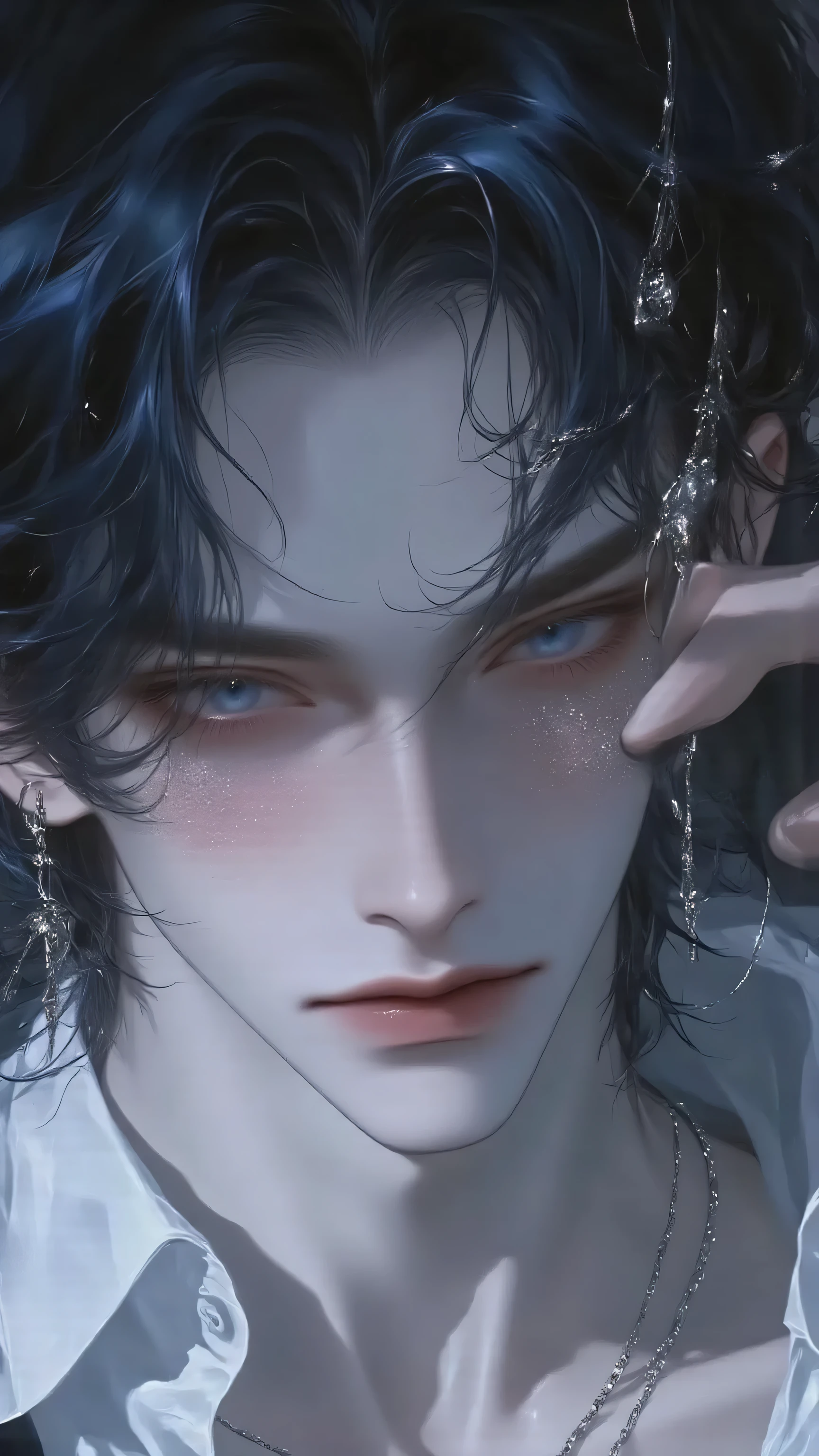 boy,niji,phwamen,male mermaid（Male Siren in human form）， Half Body Close-up，With a seductive yet cold air、Aloof and world-weary temperament。Dark blue long hair slightly messy，with a damp sheen，A few bunches of hair scattered on the side of his face。Deep sea blue eyes through thin phme-rimmed glasses，Cold snap Small spiral-shaped brooch with a hint of charm and danger。The handsome face is more three-dimensional under the side light，Slightly raised corners of mouth，with an undetectable air of mystery。

clothing：White shirt collar unbutton clasp，exposed collarbone，Sleeves casually revealing forearm，out wearing a dark suit top。Fingers lingering on unfolded antique books，indicates he is flipping。inserted into the breast pocket，with a low-key silver chain on his wrist，Embellished「sea breeze」of the tribe。

Background：古典書房氛圍 blurry處理，Wooden bookcase with candlelight hidden，moonlight on the side，The light falls on him Half-side face，Ambience Mysterious、Quiet and dangerous。

style of painting：Japanese semi-realistic，High Resolution， Extra high detail ，Movie Texture in Private Girlfriends' Room，1:1 Close-up。

Negative Hints：
Low image quality、Error Anatomy、extra limbs、missing body、warped、 blurry、deformity、Pixelation、Ugly 、Noise、character、Watermark、signature

Set：
— style：Japanese semi-realistic
– 畫質：8K Ultra HD、Masterclass
— Aspect Ratio：1:1