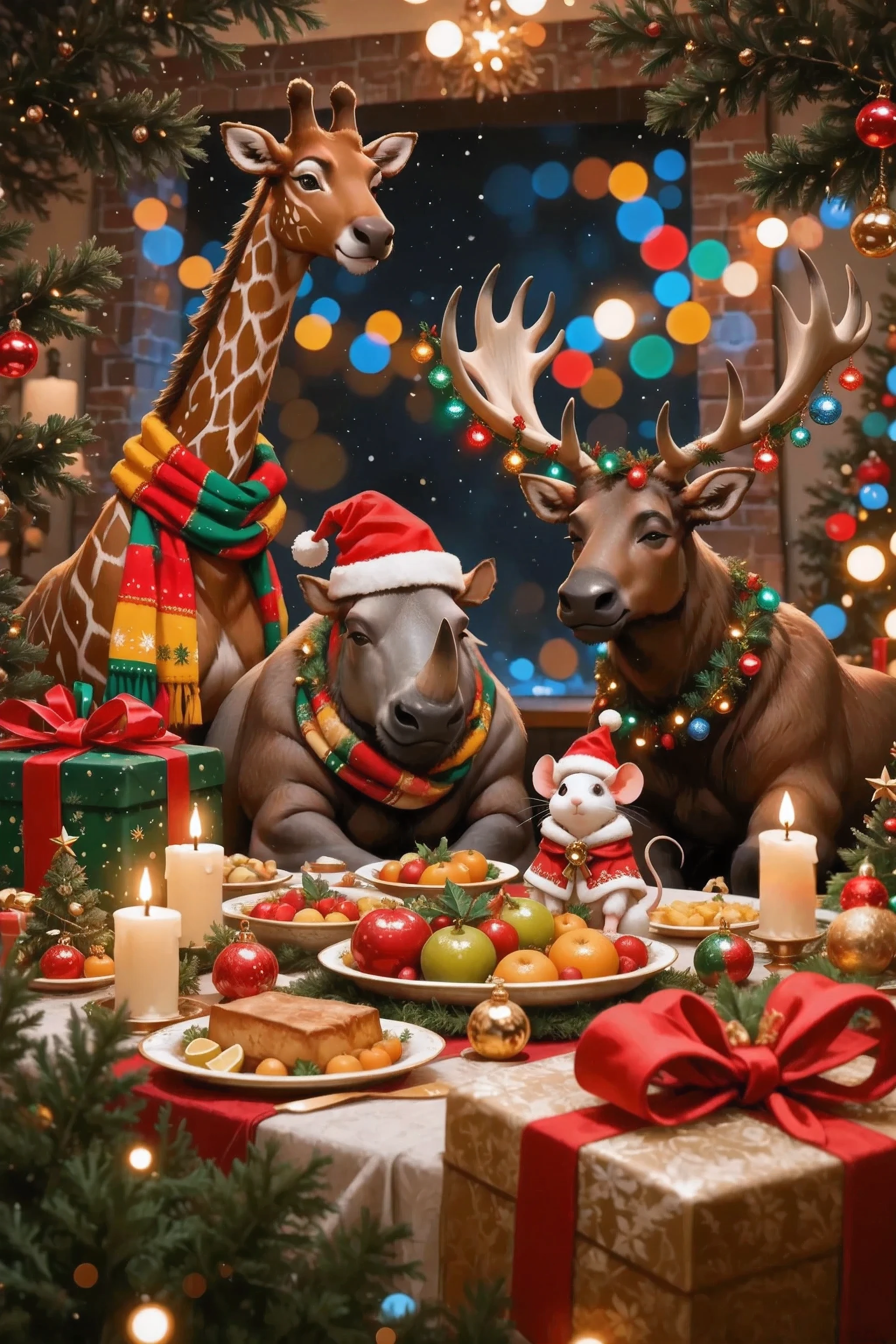big, , the festively decorated Christmas table takes the center of the composition. Funny animals are sitting at the table: tall giraffe in a bright scarf, good-natured rhino with a Christmas hat, a majestic elk with horns decorated with a garland and a small mouse. Around — massive blurred gifts and green pine branches, that frame the foreground, creating a closed, cozy composition. There are delicious traditional dishes, candles, fruit, decorative ornaments. The background flickers in colorful bokeh from festive lights and garlands, The atmosphere is filled with warmth, With the joy , with a confidential and friendly atmosphere feasts and real Christmas magic. Soft lighting and rich details emphasize the mood of a festive evening.
