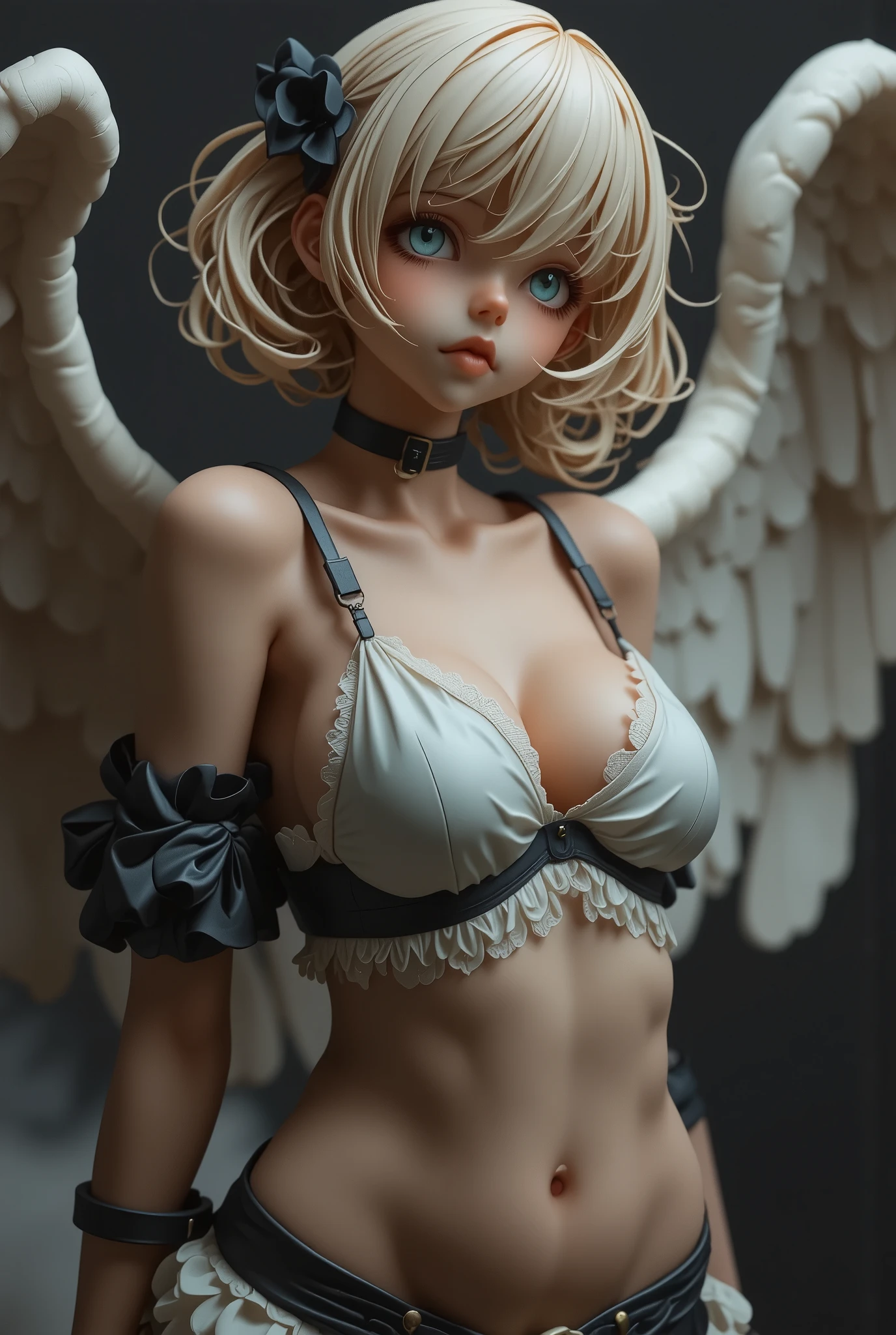 sexy teen, Angel, (Dynamic angle:1.1), full body, clothes lift, Huge breasts, (Flabby belly:0.8), Thick thighs, Beautiful Face, (Blue green eyes:0.9), troubled eyebrows, (nose blush:0.9), naughty smile, With Angel's Wings, (NSFW:1.2), 3D, Nendoroid, Doll, In ancient times, 8K, Masterpiece, Highest quality, Artistic photography, Photorealistic artwork, Highly detailed, Perfect rendered face, (Perfect anatomy:1.1), Perfect fingers, Bokeh, Simple dark background