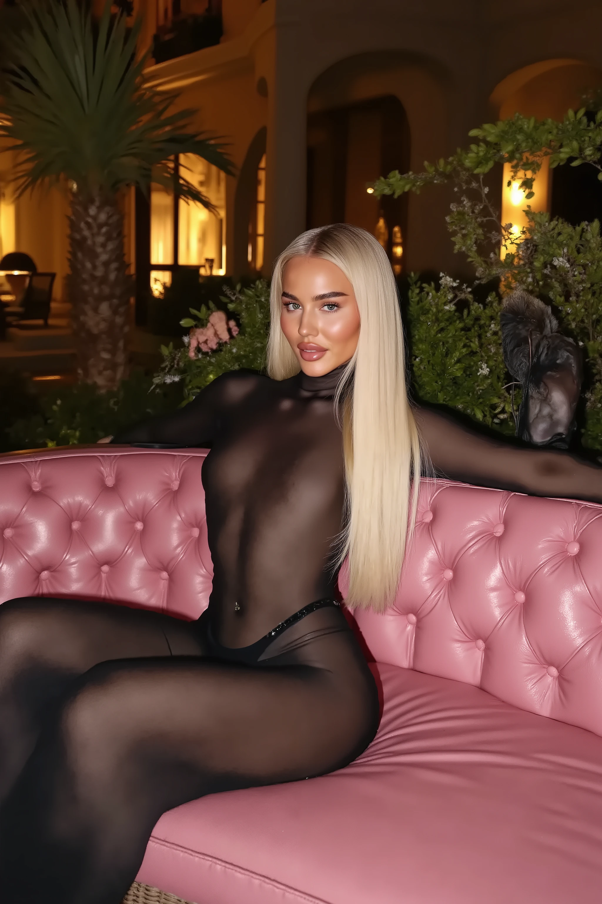 21 year old woman with very long white straight hair posing on a pink lather sofa in front of a luxury villa, she is wearing black see through body suit, its night time, photo is taken with strong camera flash she has perfect skinny , photo is very very detailed and sharp her hair is completely straight, the photo is very sharp and very high quality, the photo is hyper realistic and the colors are more contrasted, photo is taken with flash on the phone, the photo is hyper realistic, photo is like taken with iphone, it looks like influencer post on instagram, she has very big DD cup  her hands are out of picture screen or hidden, 