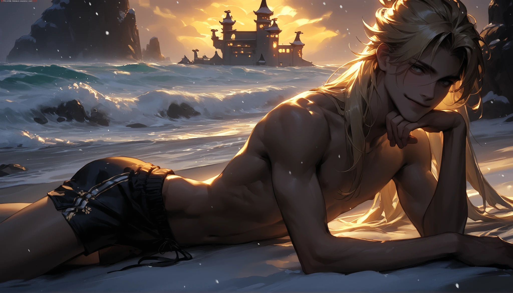 a chinese slim boy, 20 years old, with long blonde hairstyle, he has flat chest, with a sweet smiling facial expression, he is lying down on the snow in an ethereal foggy snowy beach under the cliffs with a fantasy castle on the cliff , he is completely naked, hairless body, slim abs, he is showing his body wearing sexy shorts, while there is a golden sunset over the snowy ocean windy glowing sky and waves.