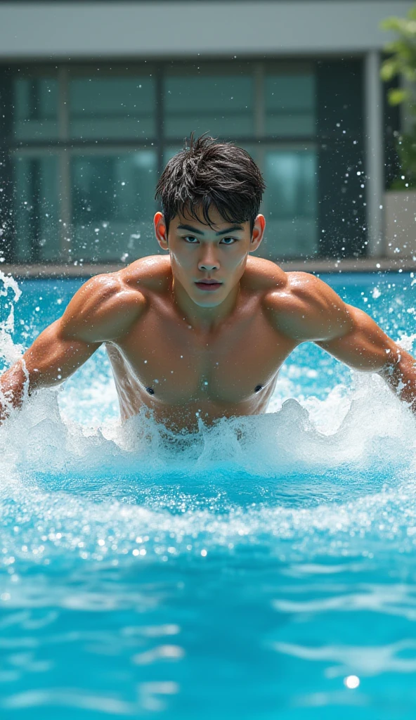 male Age 25 swimwear lifeguard  smile in the evening