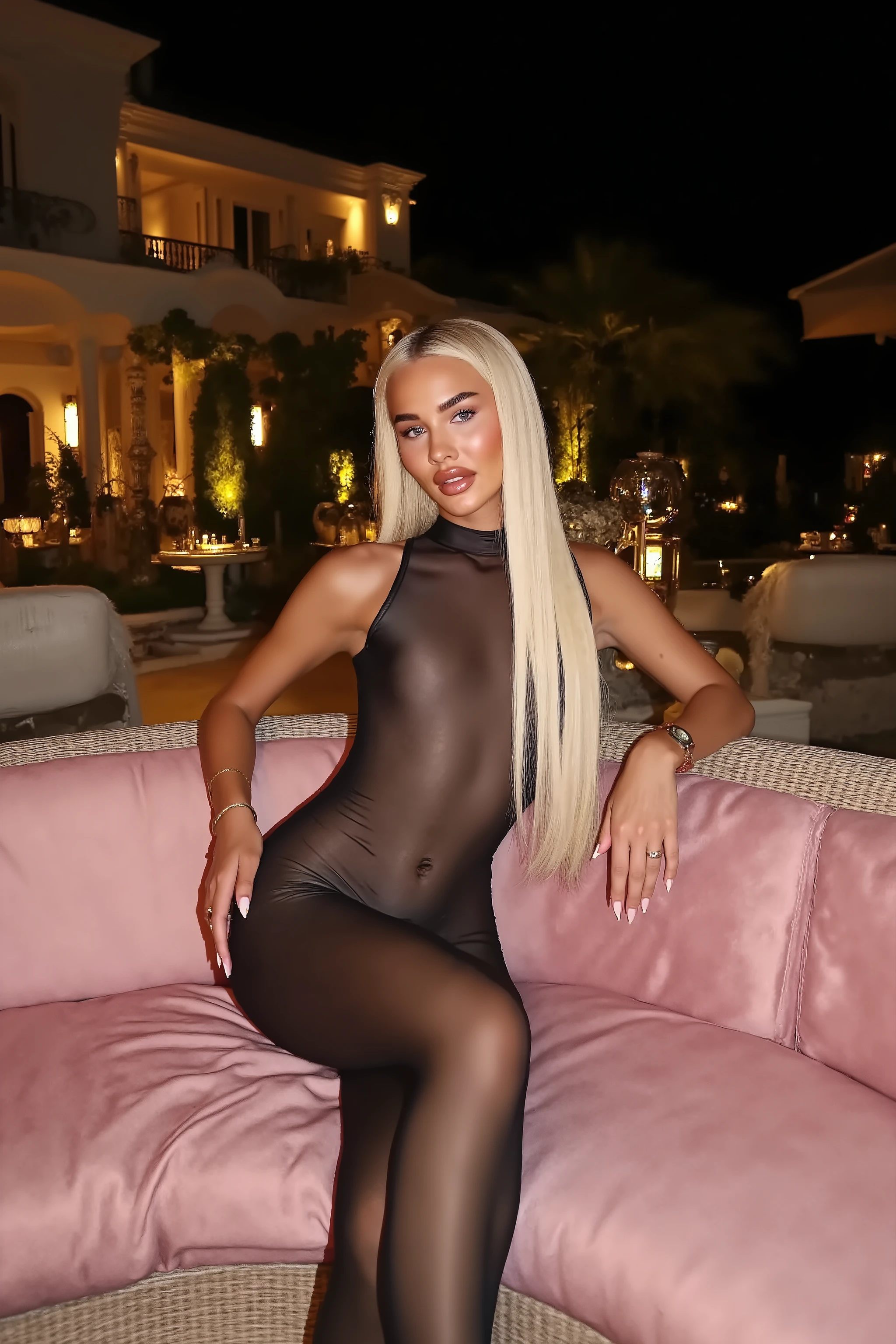 21 year old woman with very long white straight hair posing on a pink lather sofa in front of a luxury villa, she is wearing black see through body suit, its night time, photo is taken with strong camera flash she has perfect skinny , photo is very very detailed and sharp her hair is completely straight, the photo is very sharp and very high quality, the photo is hyper realistic and the colors are more contrasted, photo is taken with flash on the phone, the photo is hyper realistic, photo is like taken with iphone, it looks like influencer post on instagram, she has very big DD cup her hands are out of picture screen or hidden,