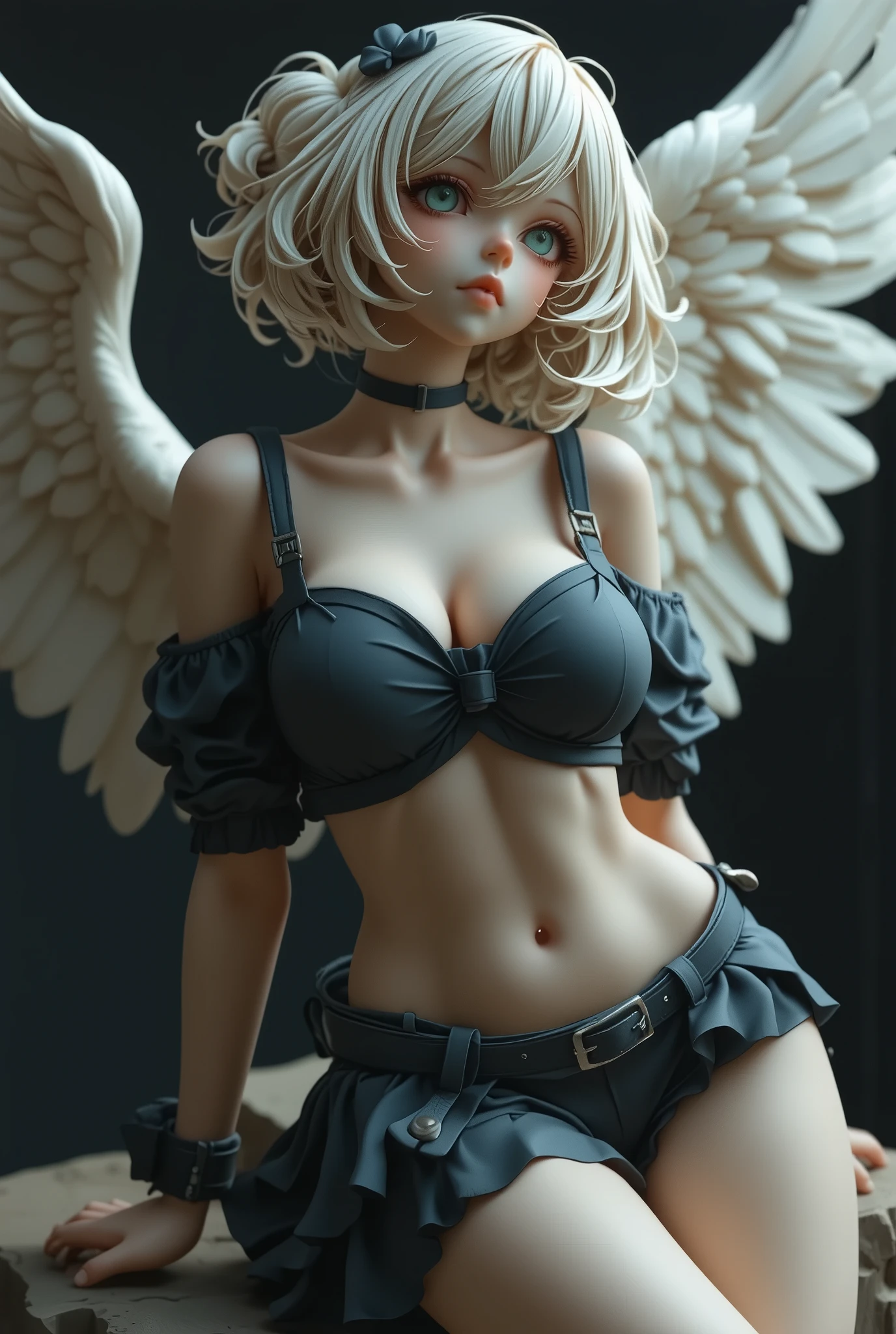 sexy teen, Angel, (Dynamic angle:1.1), full body, clothes lift, Huge breasts, (Flabby belly:0.8), Thick thighs, Beautiful Face, (Blue green eyes:0.9), troubled eyebrows, (nose blush:0.9), naughty smile, With Angel's Wings, (NSFW:1.2), 3D, Nendoroid, Doll, In ancient times, 8K, Masterpiece, Highest quality, Artistic photography, Photorealistic artwork, Highly detailed, Perfect rendered face, (Perfect anatomy:1.1), Perfect fingers, Bokeh, Simple dark background