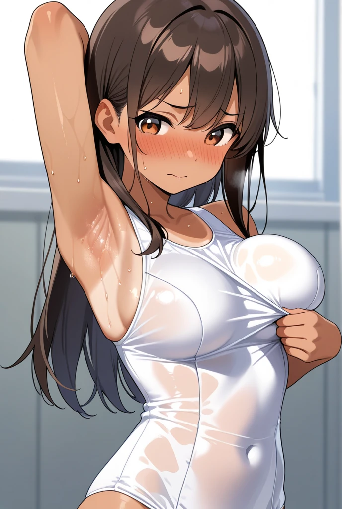 (Upper Body),alone,Medium Shot,18-year-old,(Soil ground:1.4),(Outdoor:1.4),(masterpiece:1.4),anime,Portraiture, 8K,Realistic, 18-year-old,Elegant mature woman, Brown eyes, (Black Hair:1.4), smile,Big Breasts,(Gym clothes with short sleeves:1.4),( white gym clothes:1.4),(arm behind head:1.4),(Outdoor:1.4),(rain,Schoolyard:1.4),Wet,(wet cloth:1.4),Sweat,Straight long hair, Beautiful breasts,(See-through :1.3), 4K resolution, High quality CG, Beautiful CG, Soft Light,(wet:1.3),(学校のSchoolyard,Outdoor:1.4)