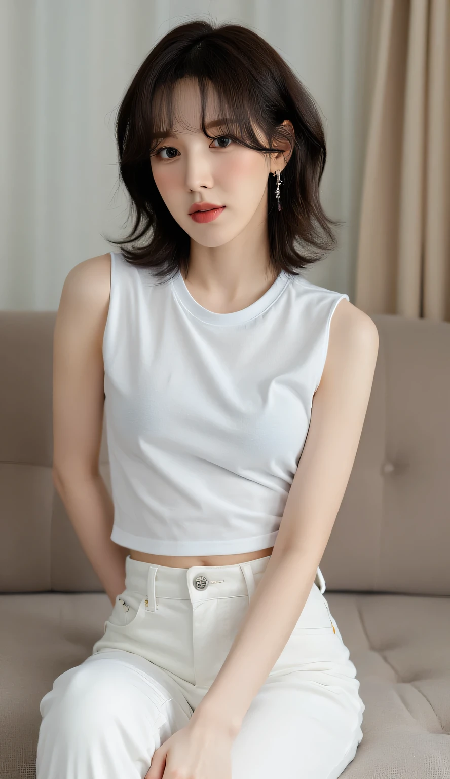highest quality, Very detailed, masterpiece, 1 person,woman,(((完璧なwomanの体))),Very beautiful face, Very beautiful body,Gentle expression, Very beautiful eyes,(Perfect Makeup:1.1),Fashion Model,Korean Fashion,short hair,Shaggy Hair,Light blue hair:1.3, Very thin body,Smart Abs,Monotone big size short sleeve shirt,Ankle Pants,necklace,anklet,Elegant Pumps,A kind smile,Full body portrait,(Street background:1.3), (Shiny skin),(Earrings),
