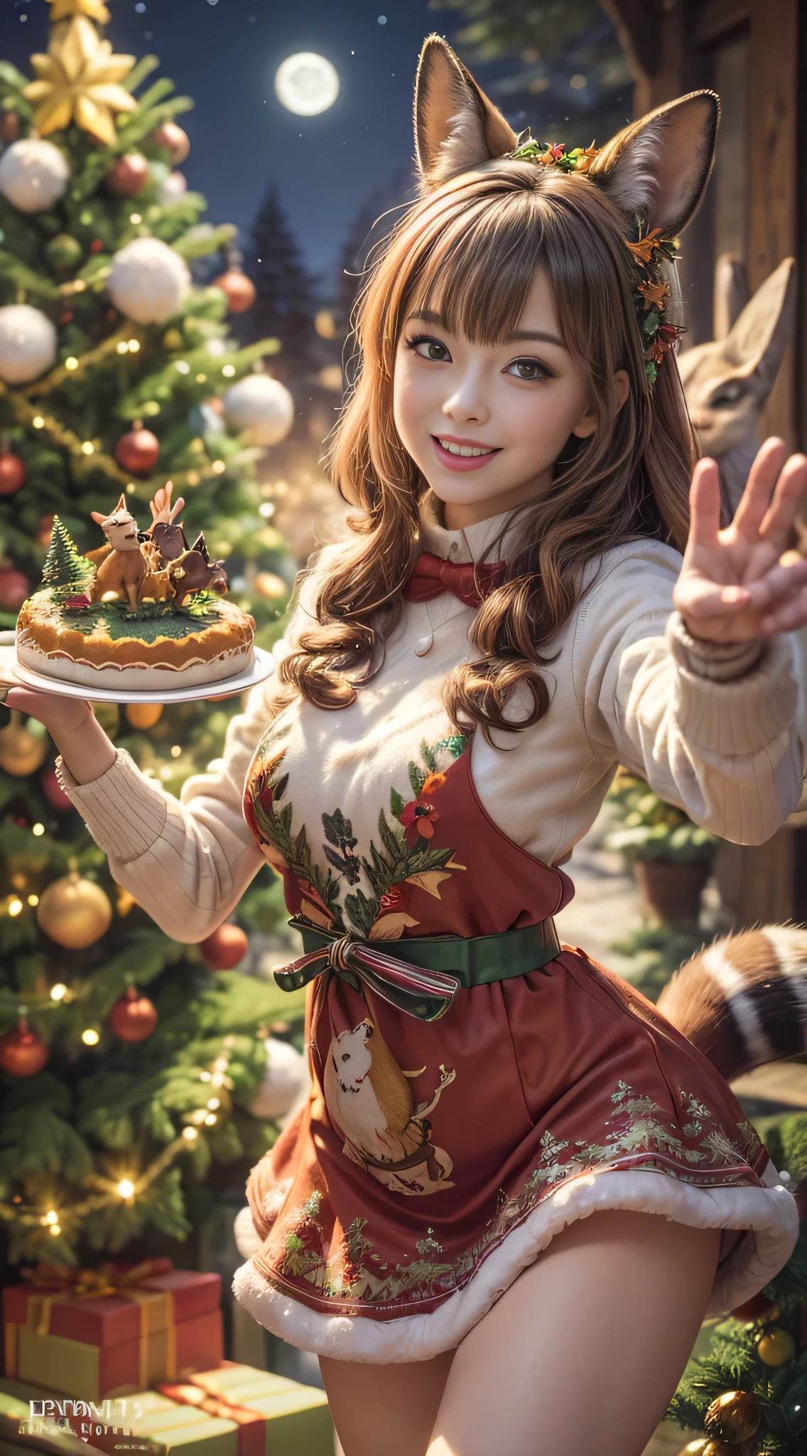 Highest quality, highest quality, highest resolution, raw photo, realistic, photorealistic, highly detailed and beautiful, highest detail, high saturation, vivid colors, (Forest animals celebrating Christmas, rabbit | raccoon | fox | squirrel), (Christmas cake made of nuts, 1.3), (Animals dancing around a Christmas cake, 1.2), (Large Christmas tree, 1.3), (Fir tree, beautiful autumn leaf decoration, warm and bright atmosphere, joyful gathering, happiness, animals in happy poses, 1.2), (Forest, beautiful stars, full moon, depth of field, 1.2, blur, 1.3),