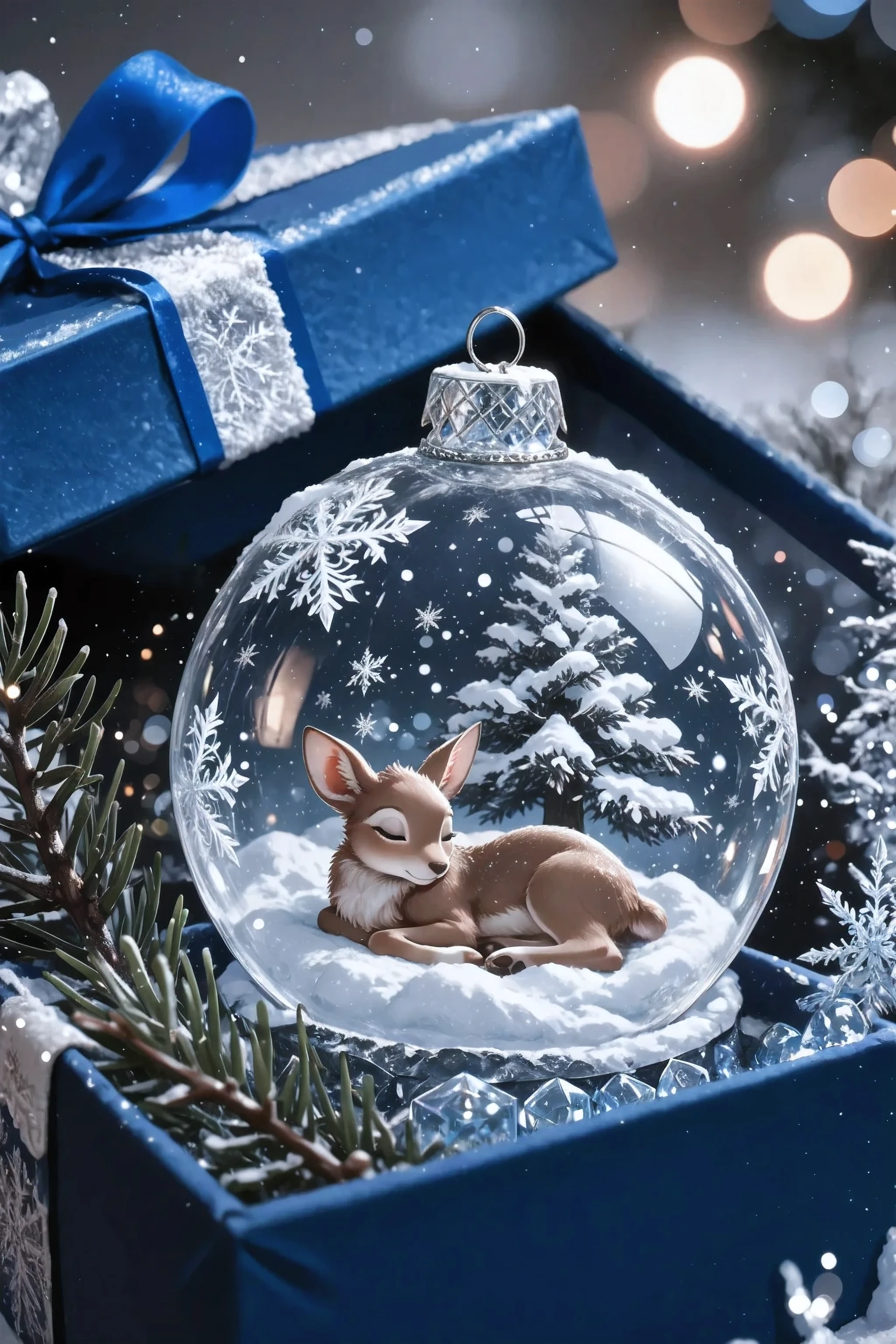 darkrain,masterpiece, ultra detailed, extreme close-up, a flawless transparent glass sphere lying in a luxurious deep blue gift, not a box. The sphere is nestled among dense, dark, richly colored fir branches with deep green needles, lightly dusted with snow. Through the crystal-clear glass, a tiny magical fawn is visible, peacefully sleeping curled up under a snow-covered cedar tree; he has no antlers, his fur is delicately textured, and his pose is gentle and serene. The scene is enveloped in deep shadows and cool blue tones, emphasizing a dark, mysterious, and enchanting winter atmosphere. Soft, diffused lighting enhances the cozy mood inside the sphere and highlights subtle frosty patterns on the glass. Bokeh and reflections shimmer in the background, the focus is on the adorable fawn and magical stillness. The entire composition radiates holiday magic, warmth, and fairy-tale wonder, with high detail and cinematic framing.