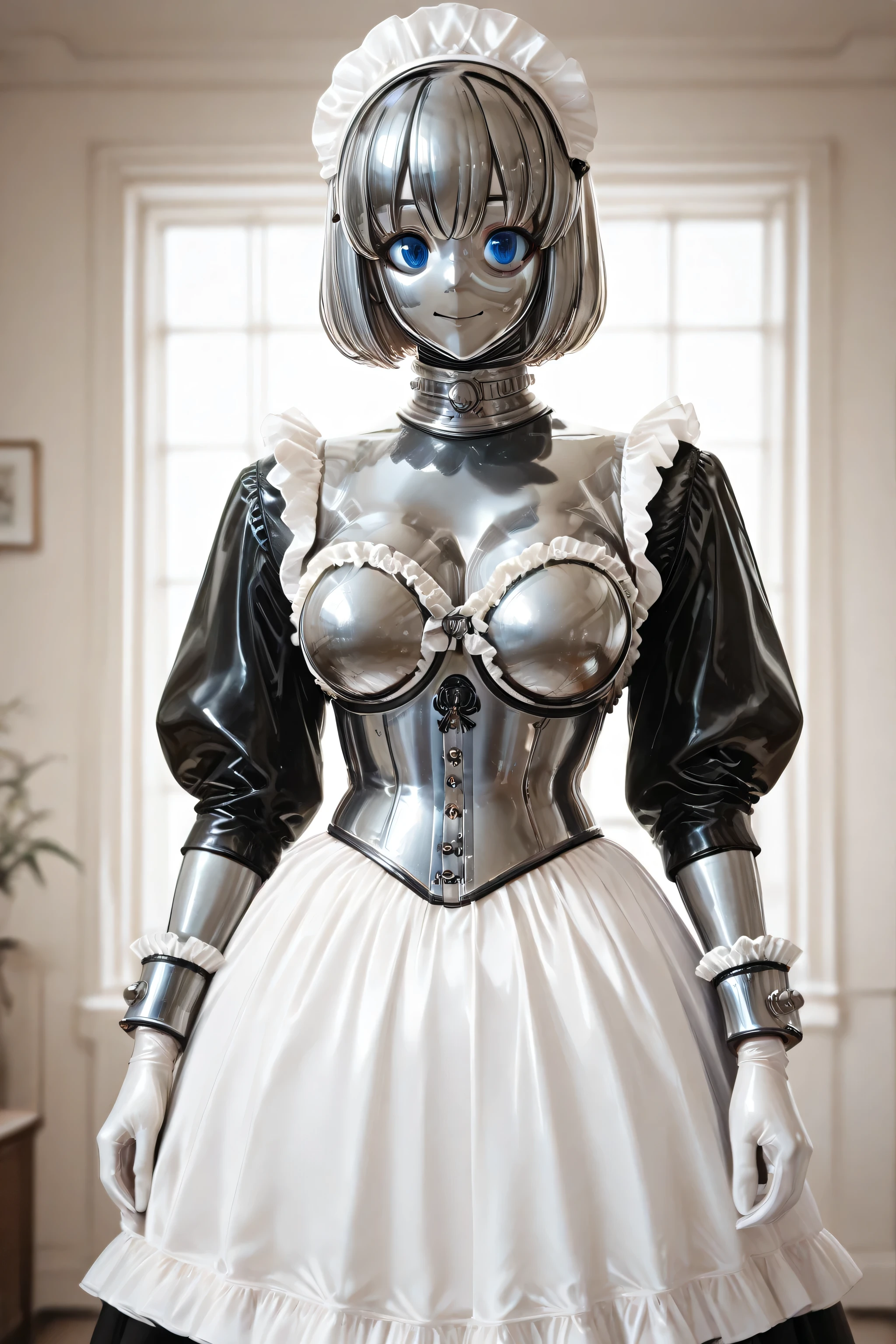 maniajuns,  stainless steel skin,  blue lenses,  stainless steel hair, happy, A beautiful Victorian latex maid outfit, wearing a shiny black latex maid outfit with a white frilly apron,latex juliet sleeves, long white latex gloves up to the elbows,long white latex stockings,latex bodysuit,elegant and form-fitting,stainless steel chastity corset,small waist, detailed ruffles and frill, stainless steel wrist cuffs, faceless, Full head stainless steel mask, maid headpiece, soft lighting, highly detailed, anime style, ultra realistic rendering,large breasts,hight posture collar,frilled armlets, large Wide skirt.
