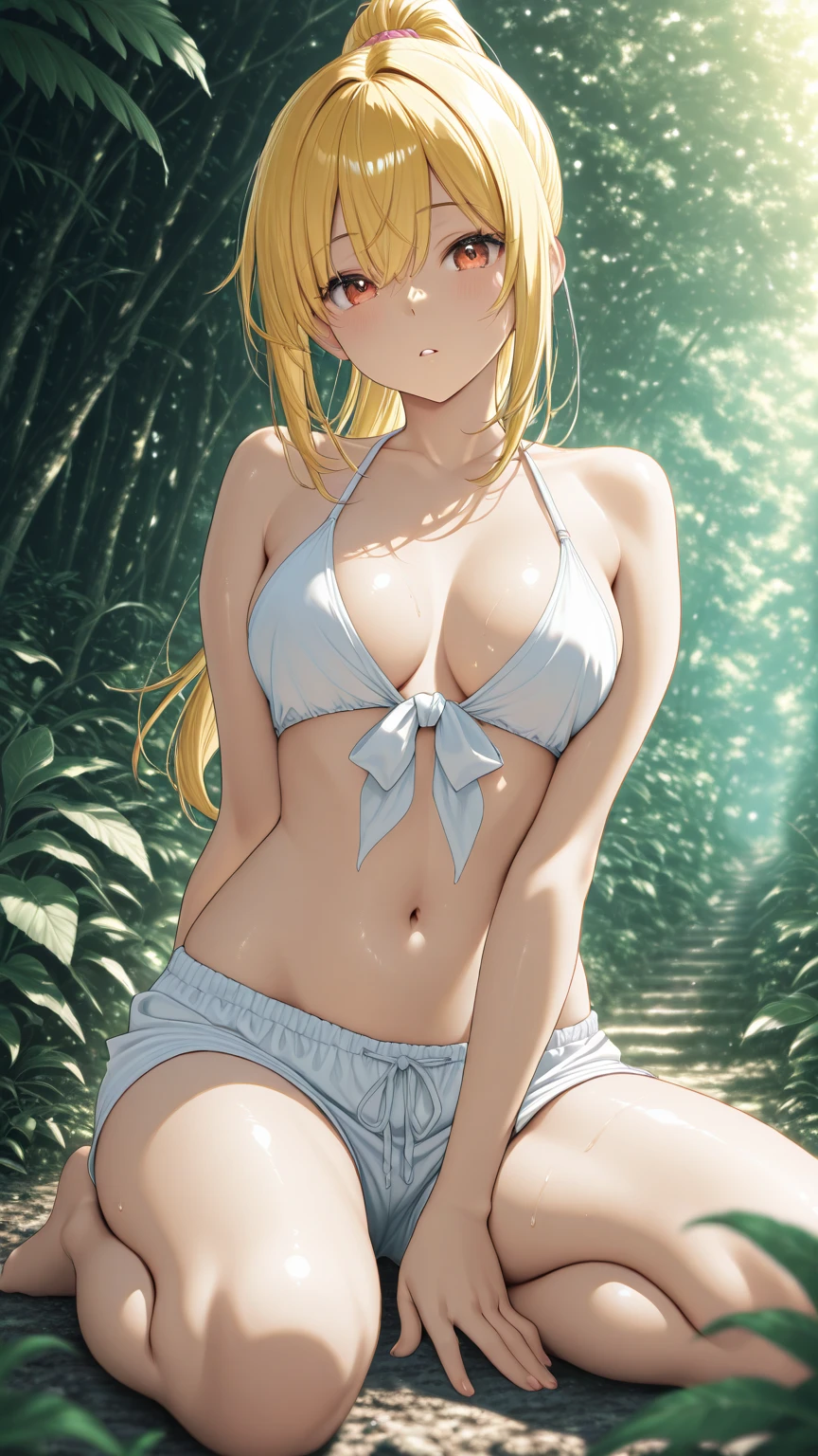 1girl,masterpiece, best quality, high resolution, green eyes, blue criss-cross halter, criss-cross halter, , nice , pretty, blonde hair, blonde, ahoge bedroom, room, 