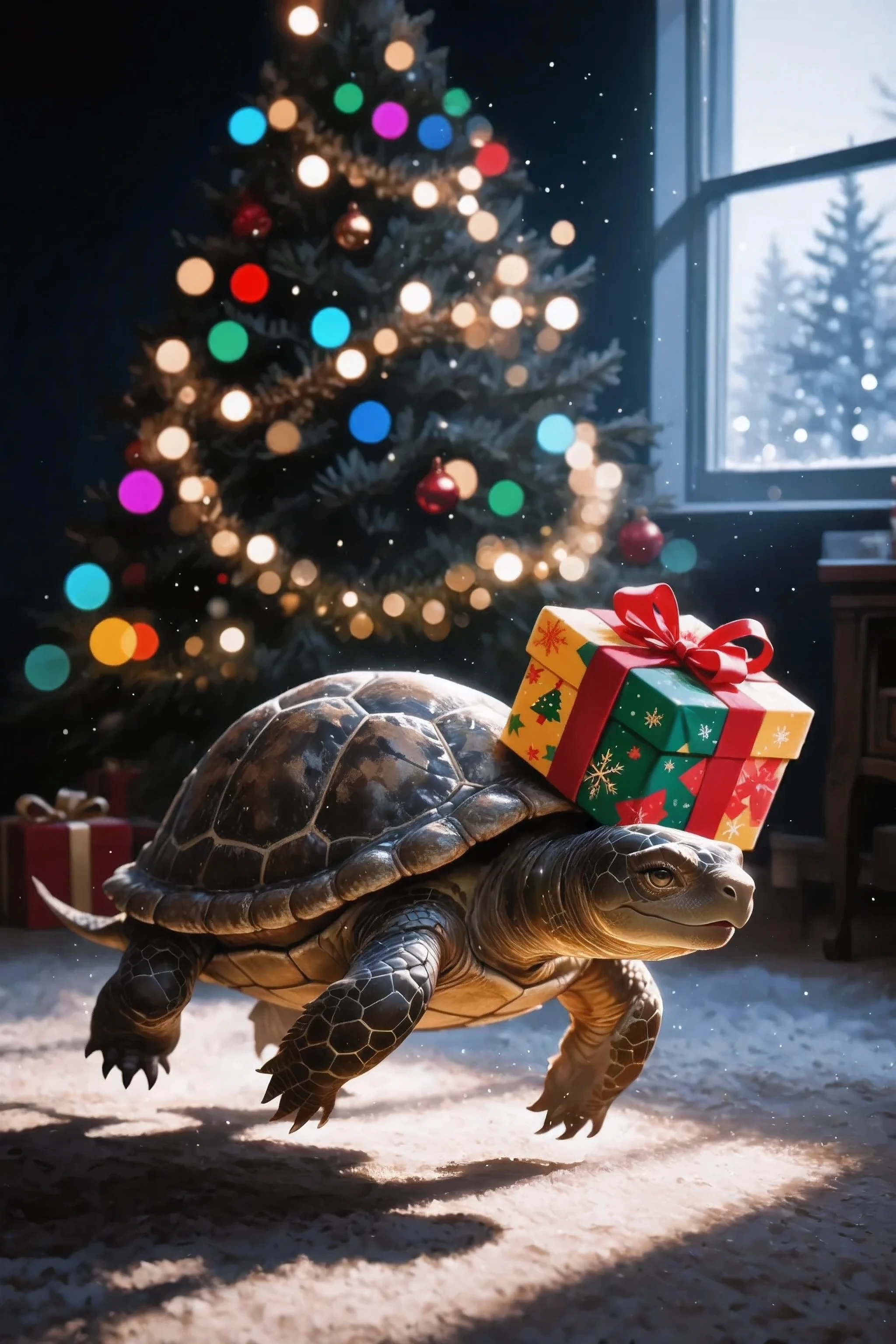 the evil treacherous cunning turtle , masterpiece, best quality, ultra detailed, close-up of a turtle, the turtle runs away on the hind legs, holds a brightly packed Christmas gift tightly with its front legs, the gift is pressed against the shell, Sly look, against the background of a blurred Christmas tree with garlands, textures to long soft morning shadows, despite the morning, the room remains twilight, Light falls through the window, creating beautiful spots and colored bokeh on a dark background, realistic detail of the turtle, of the shell and the bright gift box, the atmosphere of mischief and comfort