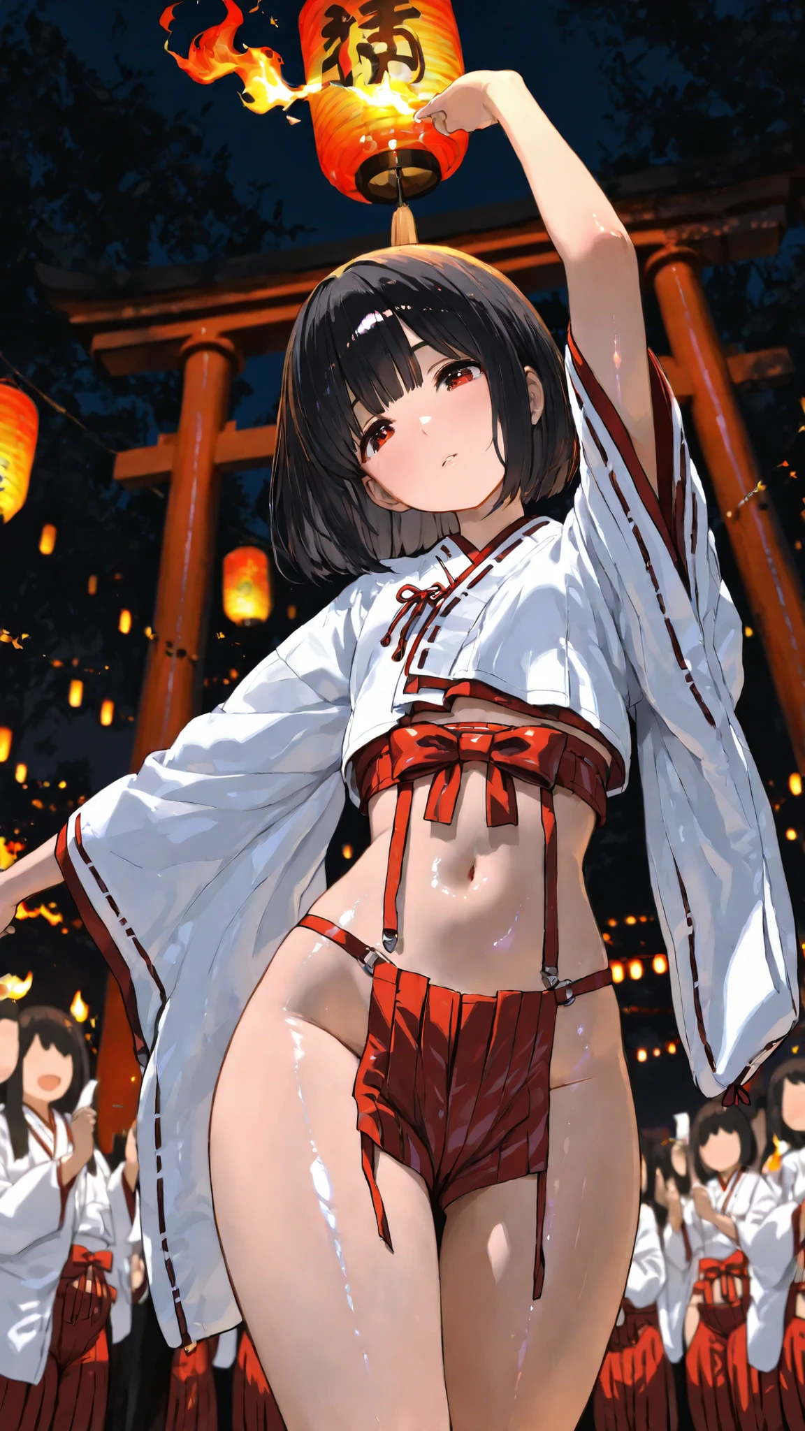 best quality, photography, finely detail, young shrine maiden, authentic miko attire, long black hair, white and red traditional outfit, extending arm forward to camera, direct eye contact, night time fire festival, dancing flames lighting her face from below, sacred torii gate visible behind, festival crowds in soft focus, handheld paper lantern in her other hand, immersive first-person view, Japanese cultural celebration,wide hips,lowleg hakama, face focus, head tilt, shiny skin, navel,(Micro Hakama:1.5),(Micro Hakama:1.5),(Micro Hakama:1.5),(Micro Hakama:2.0),