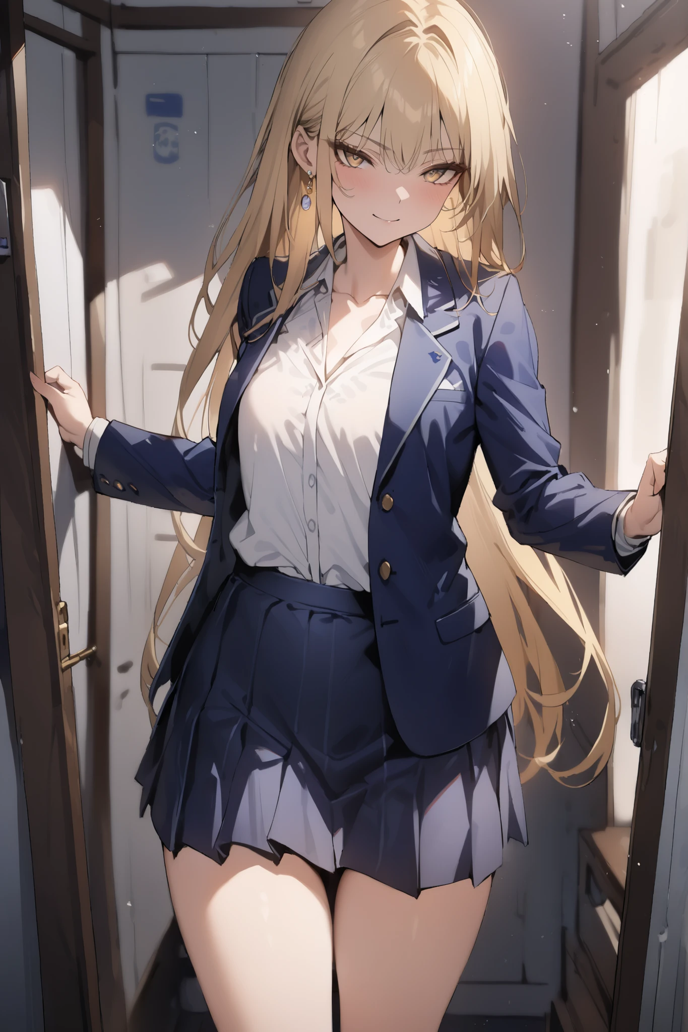 ((masterpiece,top quality:1.2)),(Super-resolution),(1gir),slender,((Female high school girl standing posing in the dressing room and staring at me)),Beautiful Skin,(((thin thighs))),(((Long Golden Hair))),perfect golden eyes, tree eyes ,Serious smile,(((navy blue blazer))),(((white blouse))),(((dark blue school skirt))),white loose socks,gold earrings,cowboy shot
