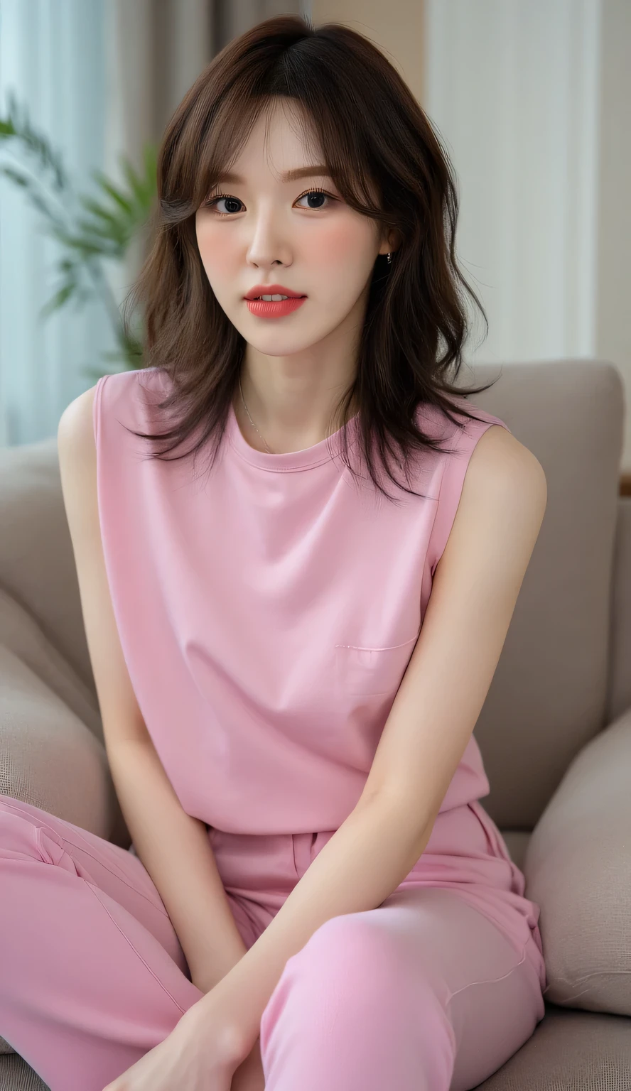 (full body), (look at viewer), (short white socks) ,(Extremely detailed eyes),(beatifull eyes), asian woman ,in front of a door, a drawing of a person with a pink shirt , pink body, absurdist wiggly blob in a dress, wearing a pink dress, ((pink)), dressed in a pink dress,(long shirt), hands behind her body pose, fat legs, realistic, pink shirt, t - pose, t-pose