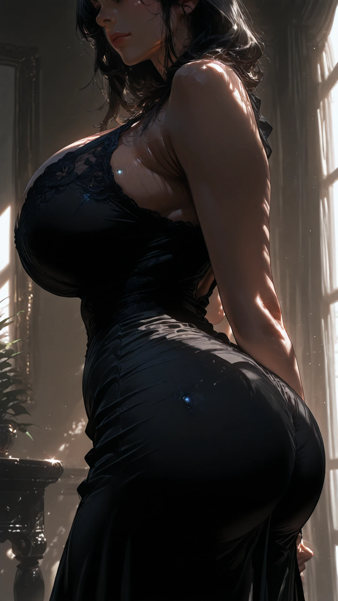 ( Beautiful Girl : 1.3),1 girl, masterpiece, large bulk, ultra high resolution,Rich contrast , super high quality ,8K, Highly Detailed CG Unit Wallpaper,texture, Incredibly absurd , RAW photos, large bulk anime, depth of field 1 .2, ultra-detailed eyes , shiny skin,Glossy effect, Beautiful bright lips ,( brown hair ,Sharp Bob),loose loose-fitting dress  , near a window ,exceptional smile , big breasts, big round ass ,muscular bodybuilder Welnnes lighting soft depth field angle from below focusing ass from behind 