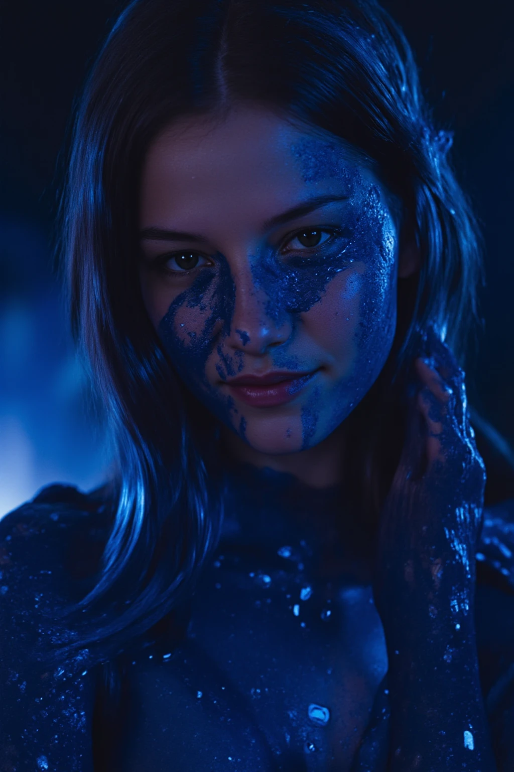 film photography, vintage, fashion photography of horror, close up photo of ugly horror witch with blue eyes in black water, blue night forest background