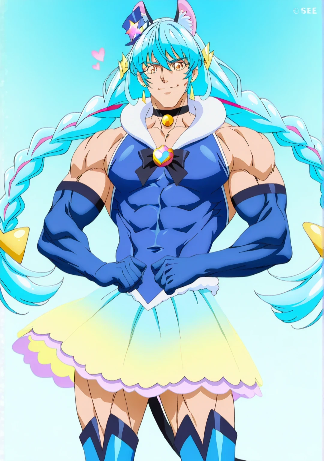 傑作、best quality、best resolution、best image quality、amazing quality、 very aesthetic、 absurdres、anime coloring、anime screencap、anime screenshot、1boy、cure cosmo is a boy warrior、(male:1.6)、boy is wearing a blue dress、light blue haired boy、official art、solo、light blue hair、twin braids、long sidelocks、twin drills、floating hair、bangs between eyes、short bangs、low twintail hair、blunt bangs、orange eyes、heart hair ornament、earrings、cat ears、animal ear fluff、official art style、muscular and strong、cat tail、blue thighhigh boots、heels boots、blue dress、fur collar、black neckwear、black choker、jewelry、sleeveless dress、sexy、official anime artwork、slender muscles、rainbow colored tutu skirt、high cut skirt、anime screencap、sparking magical boy、sexy atmosphere、ultra mega super hyper sexy、masculine muscles、anime prince、muscular man、collarbone、trapezius、covered midriff、covered abs、covered navel、 covered stomach、covered pectoralis major、flat chest、covered biceps、covered biceps long head、covered biceps short head、covered triceps、covered triceps medial head、covered triceps lateral head、covered triceps long head、covered trapezius、deltoids、anterior deltoids、middle deltoids、posterior deltoids、covered hamstrings、covered adductor magnus muscles、blue gloves、bare shoulders、elbow gloves、bare thighs、anime  boy、anime  boy、anime nihilistic boy、anime  boy、(manly:1.6)、 boy、androgynous boy、nihilistic boy、lewd boy、provocative boy、naughty smile、lewd smile、provocative smile、nihilistic smile、sexy male、galaxy aura、lewd male、perfect body、perfect hands、perfect arms、perfect legs、male focus、looking at viewer、cure cosmo outfit、cowboy shot、(male body:1.6)、official style、(manly face:1.6)、official art、dark blue background、light blue background、gradient background、two tone background、multicolored background、