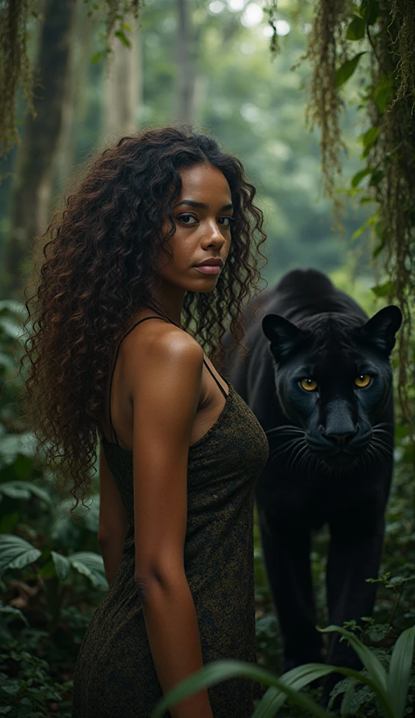 araffe posing with a black leopard in a jungle with palm trees, queen of the jungle, national geographic photoshoot, gorgeous jungle Tarzan woman, amazon queen, dolce & gabbana campaign, jaguar, jungle, brazilan supermodel, on jungle night !!!, in a jungle environment, in the jungle, amazonian, 4k still, beautiful, in a jungle, 3 0 years woman