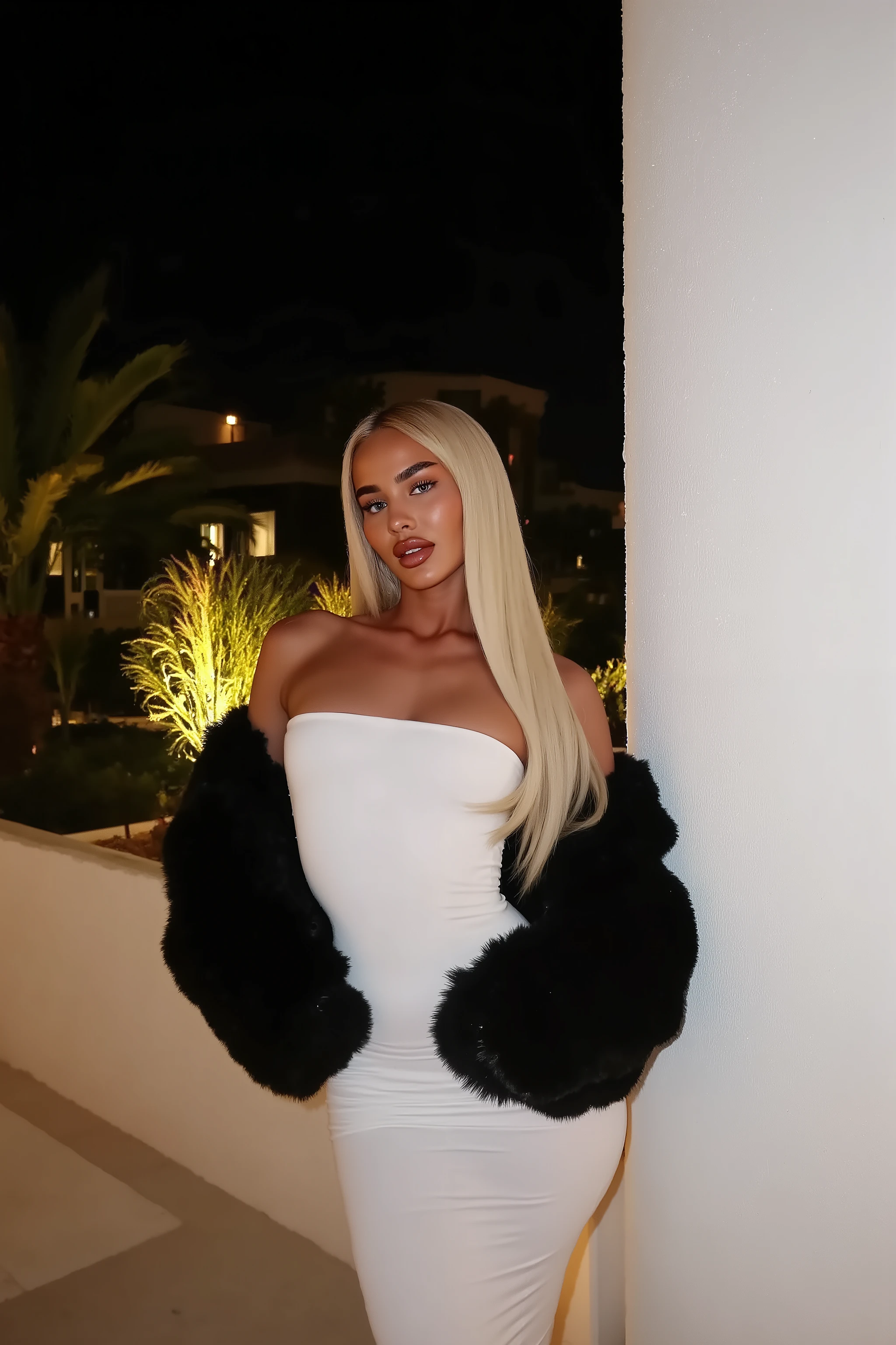 21 year old woman with very long white straight hair posing next to a white wall of a modern villa she is wearing white body suit and black fur coat, its night time, photo is taken with strong camera flash she has perfect skinny , photo is very very detailed and sharp her hair is completely straight, the photo is very sharp and very high quality, the photo is hyper realistic and the colors are more contrasted, photo is taken with flash on the phone, the photo is hyper realistic, photo is like taken with iphone, it looks like influencer post on instagram, she has very big DD cup  her hands are out of picture screen or hidden, 