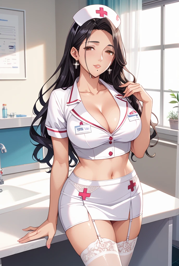 ((masterpiece、Highest quality、Very detailed))、One Girl、((Brown skin:1.3))、Blonde、Long Hair、Grey Eyes、evil smile、((Grin))、Earrings、Large Breasts、Nurse cap、((nurse))、((pencil skirt))、(())、Cowboy Shot、((Hospital room background))