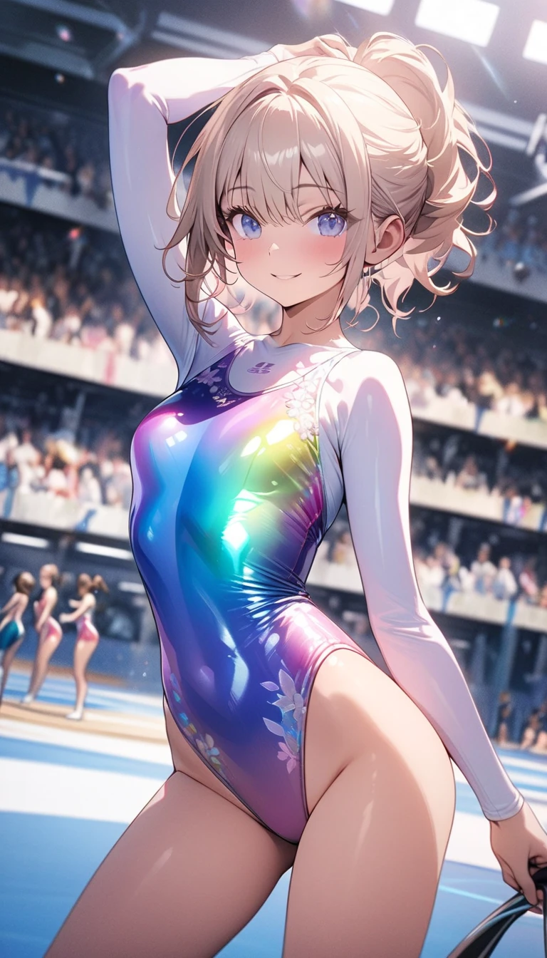 highquality illustration, masterpiece, very delicate and beautiful, attractive girl,(gymnastics leotard, Floral patterns leotard,long sleeve leotard with glittery decoration,high_leg leotard,athletic leotard,tight-fit leotard,iridescent gradient leotard,long-sleeve leotard),thin,slender body,slim,high school,gymnasium background,gymnastics club,gymnastics athlete,princess, beautiful eyes,light smile,(masterpiece, best quality:1.2), highres, extremely detailed CG unity 8k wallpaper, perfect lighting, Colourful, ultra-high res,4K,ultra-detailed, photography, 8K, HDR, 17 ages, full body,