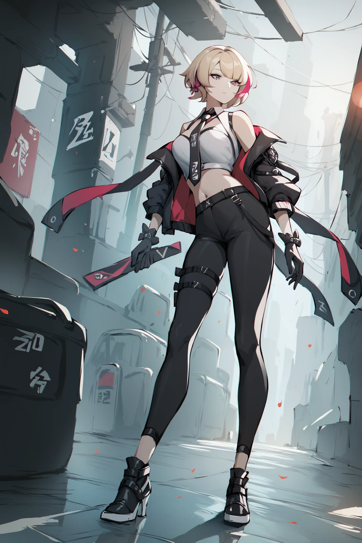 ((Highest quality)), ((masterpiece)), (be familiar with),Clementine,Overload,Red eyes,Sleeveless hoodie,Black Shirt,White pants,Alluring,whole body,boots,coat, , cyber punk,sf