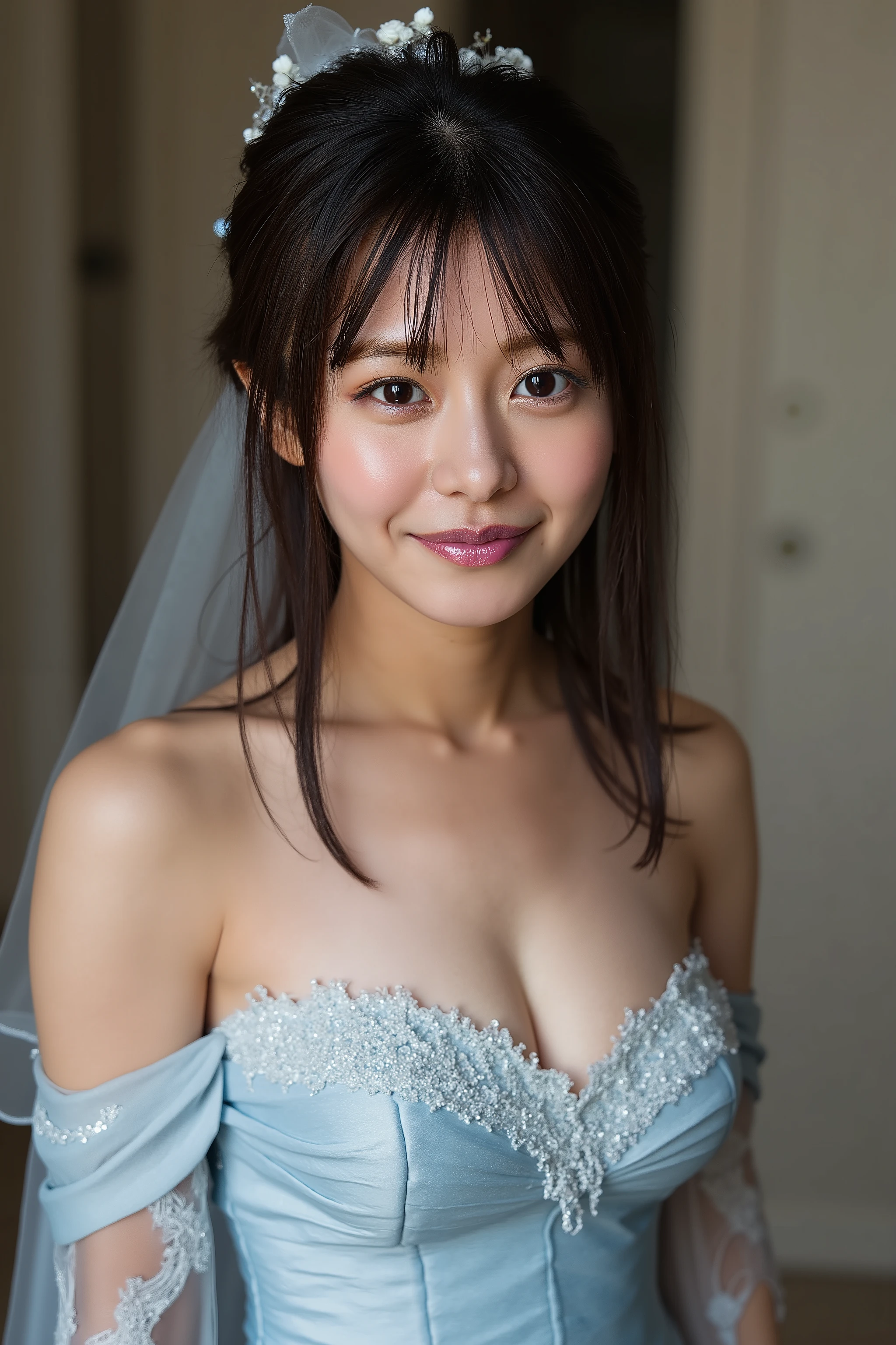 beautiful young woman, black ponytail hair, classical light blue wedding dress, , sagging , fair skin tone, white lighting, metallic light pink lips, lips heavily coated with metallic light pink lipstick, glitter pink eyeshadows, heavy makeup.