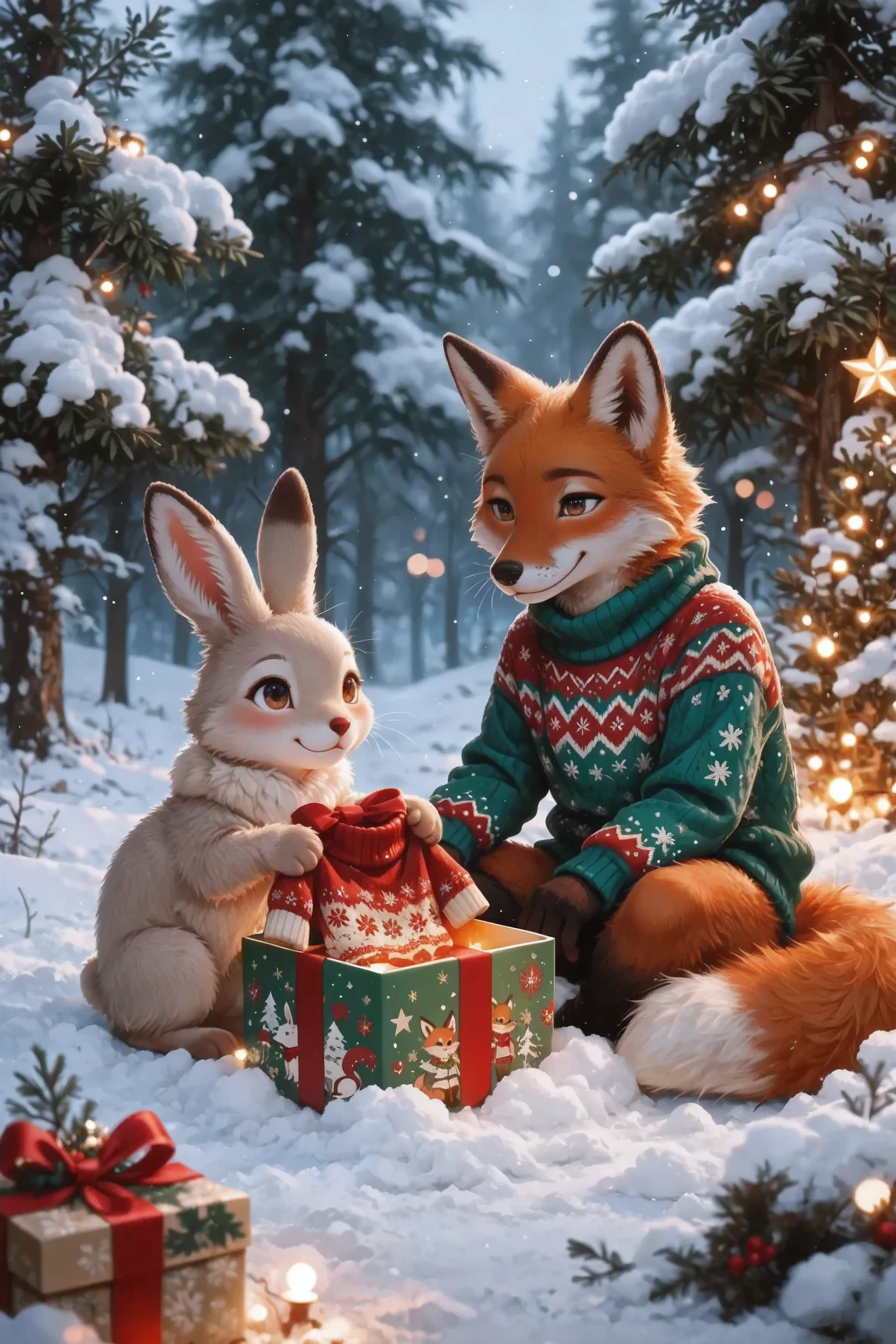 Cute little bunny with natural fluffy fur, without clothes, sits in the winter forest on a fluffy snowy bed. He's without a sweater and takes his warm holiday sweater out of a beautifully decorated gift box. A slightly larger fox is sitting next to each other in a cozy, similar in style, but a sweater of a different color, with a kind smile. In the background are majestic snow-covered cedars, , snow cover, soft holiday lighting, an atmosphere of comfort and joy, high level of detail, fabulous illustrative style