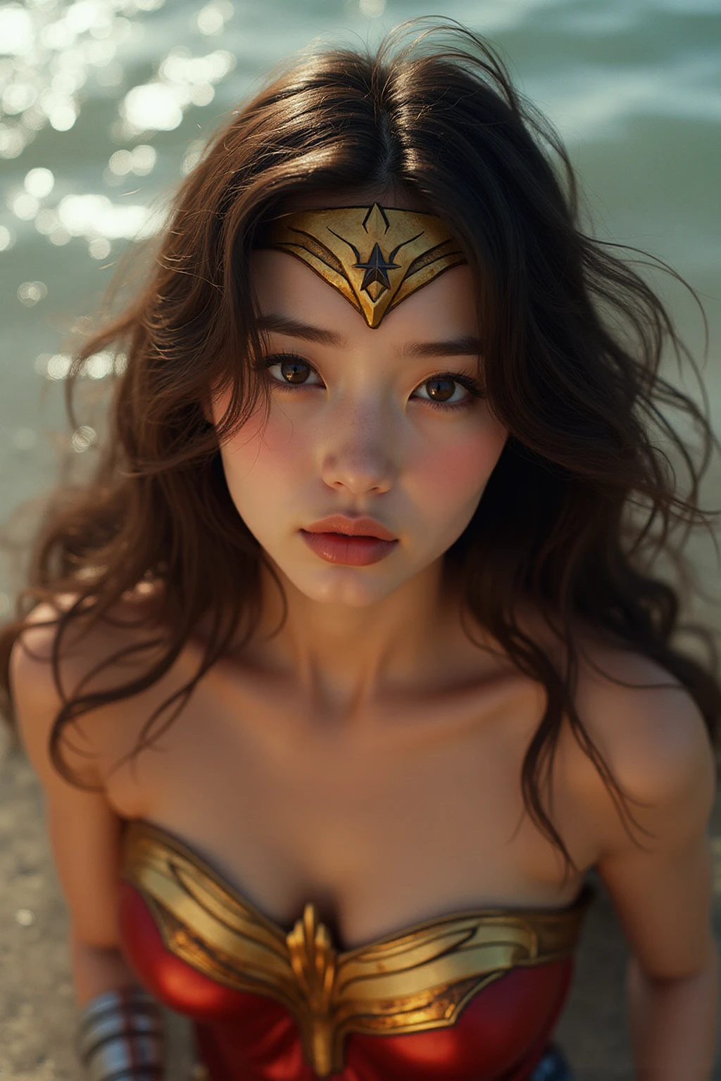 from the side,perfect wonder woman costume,crawl ,In the water,sleeping face,Close ~ eyes,open your mouth,tired face,face of suffering,sky face,sleeping face,fight the men,surrounded by men,,caught between men,being tackled by men,Intertwining with men, Attacked by men,assaulted by men,Being bullied by guys,being  abused by a man,Captured by a man,Being detained by a man、touch your face,、Hair is pulled hard,My head is grabbed,licked my hair,lick my face,brown hair,  masterpiece、beautiful girl、fine 目、puffy eyes、highest quality, 超High resolution, (reality: 1.4), movie lighting,super beautiful、beautiful skin、(super reality)、(High resolution)、(8K)、(very detailed)、(beautiful and fine 目)、(Super detailed)、 detailed face、slanted bangeshi hair、brown hair、20-year-old、Wonder Woman Cosplay，wonder woman tiara