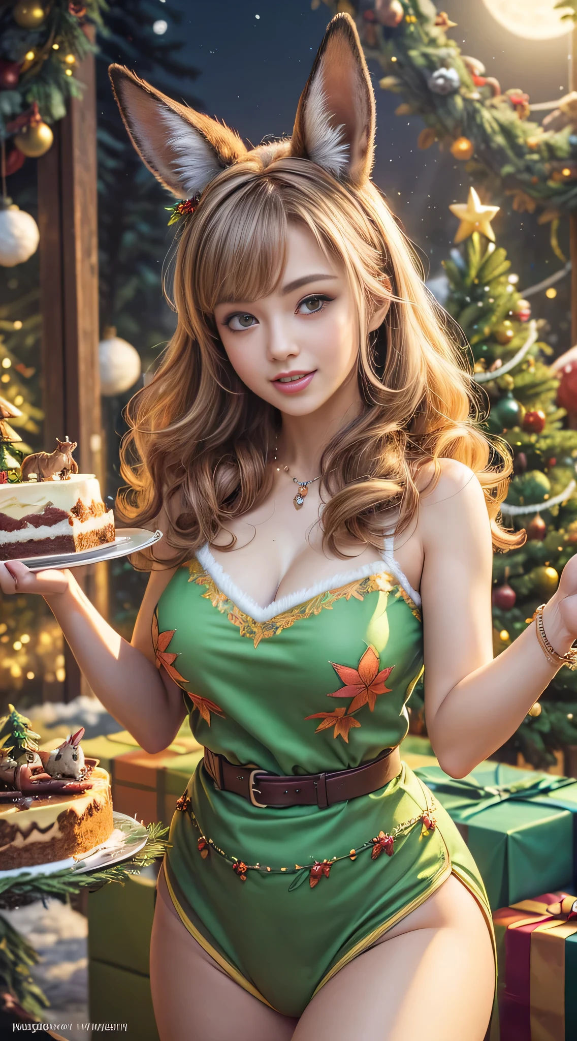 Highest quality, highest quality, highest resolution, raw photo, realistic, photorealistic, highly detailed and beautiful, highest detail, high saturation, vivid colors, (Forest animals celebrating Christmas, rabbit | raccoon | fox | squirrel), (Christmas cake made of nuts, 1.3), (Animals dancing around a Christmas cake, 1.2), (Large Christmas tree, 1.3), (Fir tree, beautiful autumn leaf decoration, warm and bright atmosphere, joyful gathering, happiness, animals in happy poses, 1.2), (Forest, beautiful stars, full moon, depth of field, 1.2, blur, 1.3),