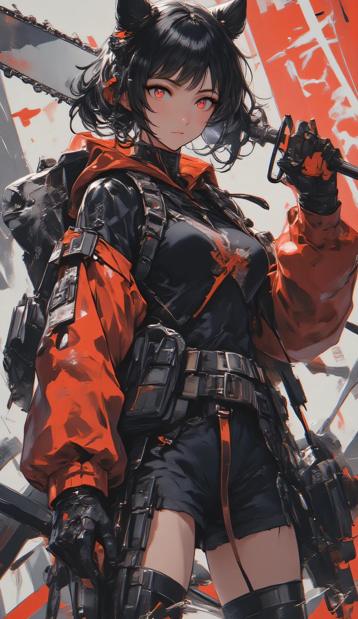 Female adventurer holding a chainsaw with her right hand、chainsaw made with precise parts、Reflect the chainsaw blade clearly、Accurate Body Structure、dynamic pose、Realistic chain saw、high image quality、High Quality、3D