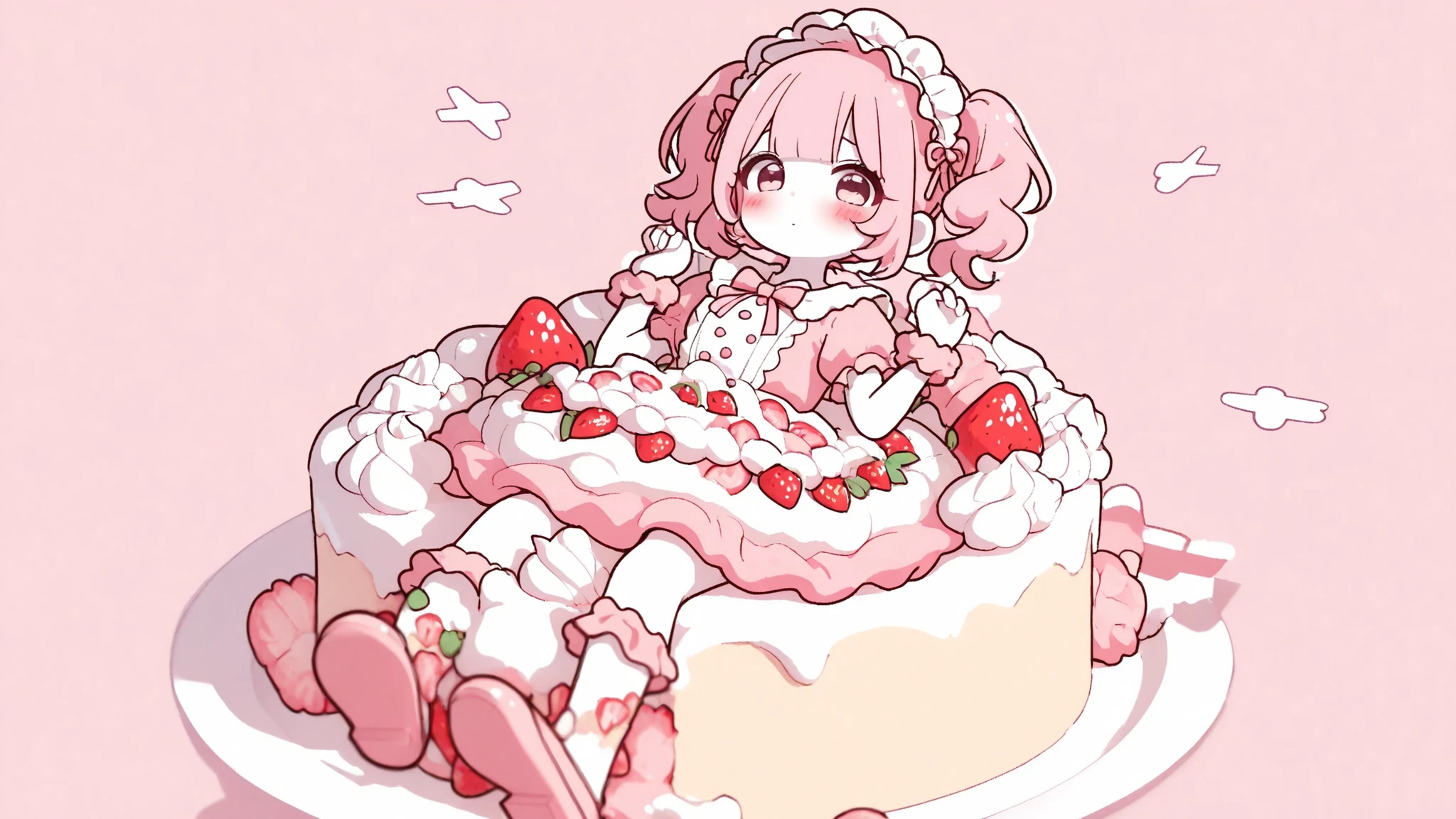 1girl, short twin tails,center flap bangs,pink hair,blush,looking at viewer,cake dress,food-themed clothes,cake dress, skirt is a layered sponge cake, whipped cream between layers, strawberries on top, pastry texture,frils,wrist scrunchie,headdress,full body,3d depth,on back,white skin,strong contrast,thick outline,polished cel-shaded render, clear color planes,add shadows,layered shading: hard shadows then soft ambient grad, concentrated highlight spots, ultra high-quality