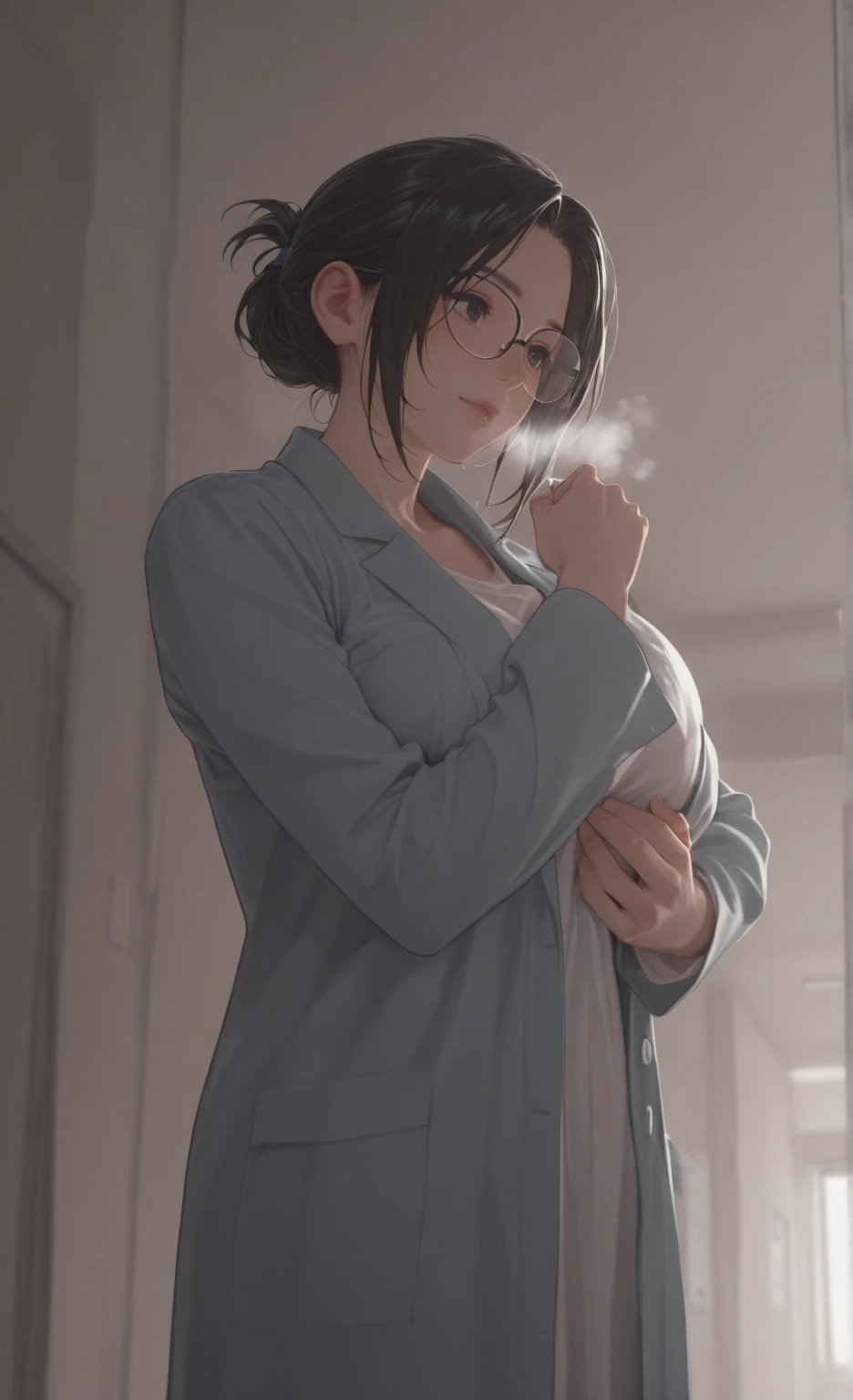 、Bedroom、、Glasses、A woman with a growing out of her 、、Sweat、、Troubled expression、Grab your