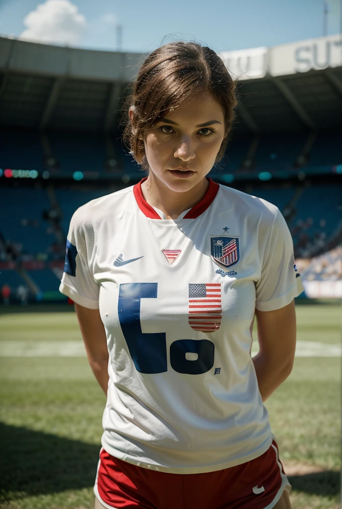1girl in, 30 years old, Square face, Long hair, Looking at the viewer, jewelry, Realistic, Sexy, soccer team outfit, field background - stadium - stands, freestyle pose