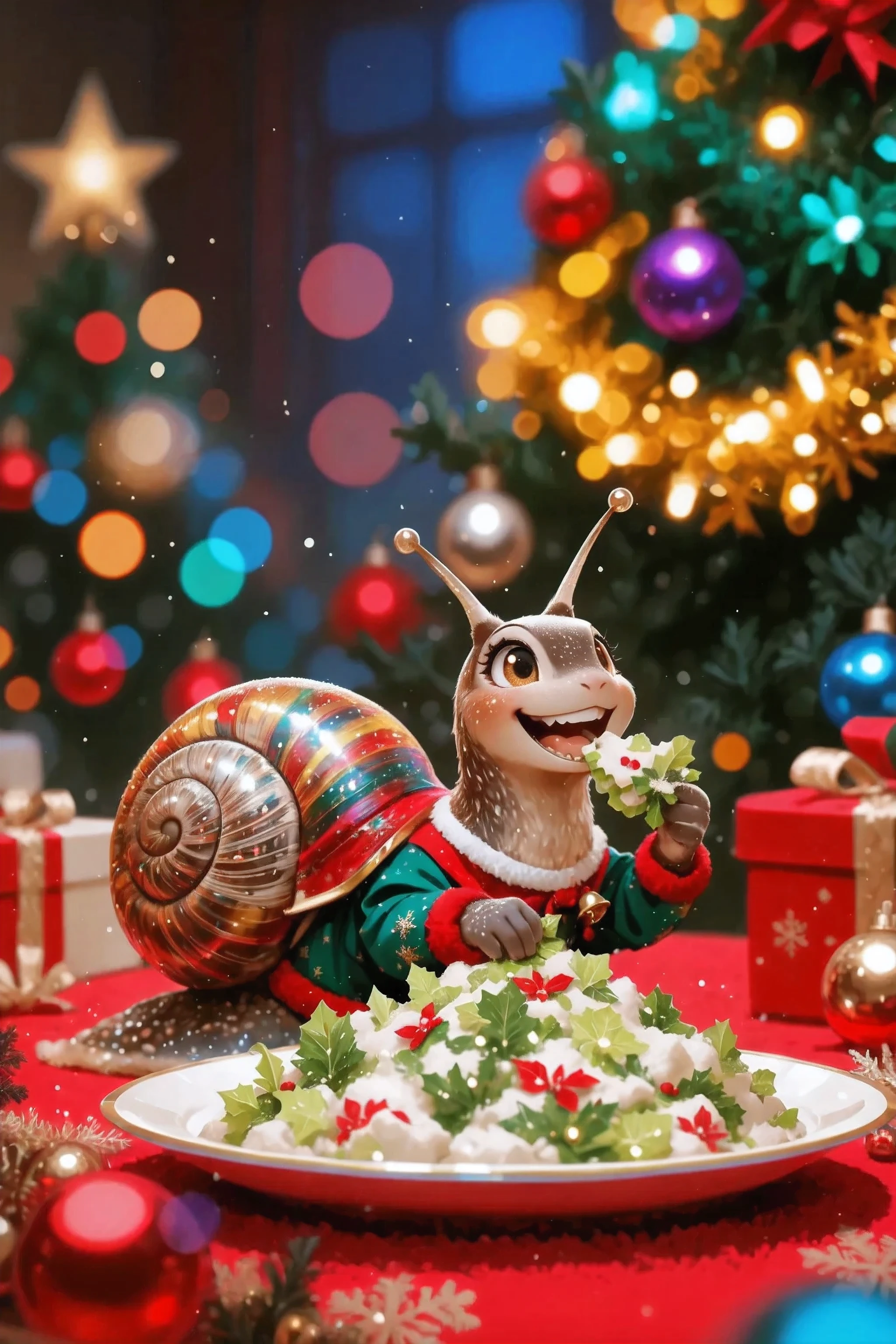close up, anthropomorphic snail in festive Christmas clothes in muted tones, smiling and eating Olivier salad from a bright plate, christmas atmosphere, christmas decor on, backgrounds are brightly blurred with colorful bokeh, soft colorful lighting, Shiny garlands, A feeling of warmth and coziness, masterpiece, best quality, ultra-detailed, depth of field, cinematic, vibrant colors