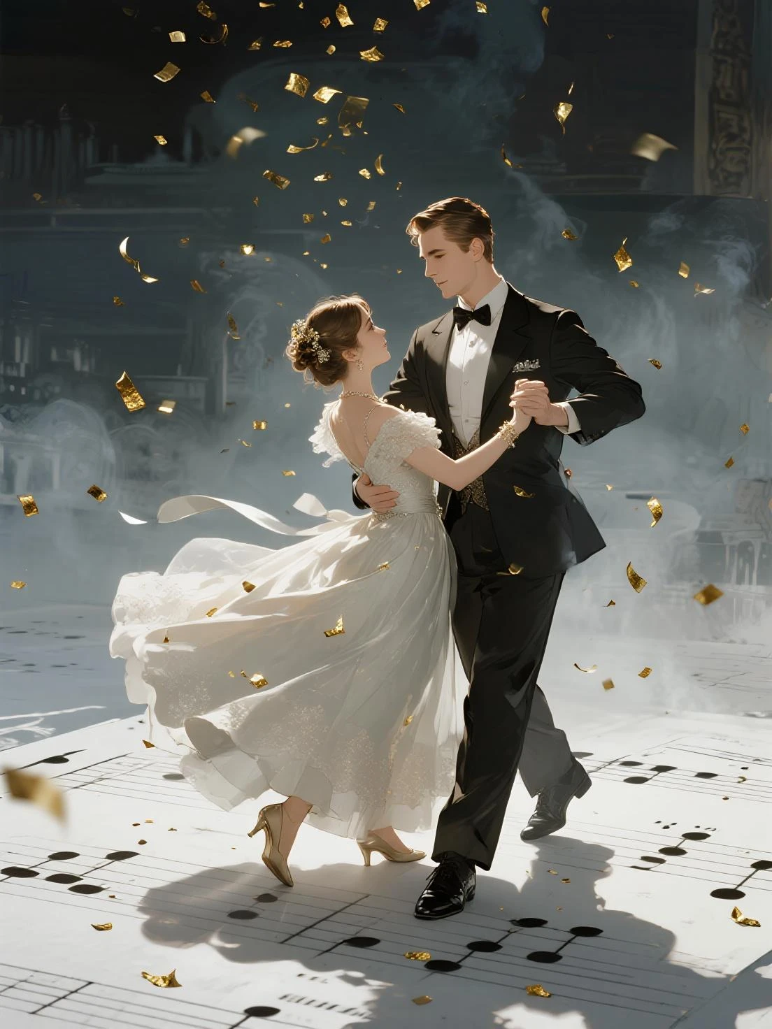 (best quality,8k,masterpiece:1.2),ultra-detailed,(realistic,photorealistic,photo-realistic:1.37),digital art, concept art, cinematic lighting, a man and woman dancing tango, art deco ballroom, 1920s, man facing forward, woman facing away from viewer, dancing the tango, woman is wearing a purple long dress with slit, small stars are shining in the dark blue sky, dimly lit room, and shadows are cast on the eye sockets, making it impossible to read their expressions, detailed facial features, beautiful dress, formal attire, natural lighting, warm color palette,