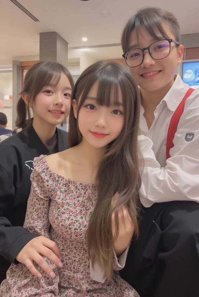 best resolution, 2heads,  half-body shot, conjoined, dicephalus, two japanese women with two heads ,  blonde hair, hair bun, long hair, different faces,hands on head, mouth open,, shocked, tanktop, indoor background