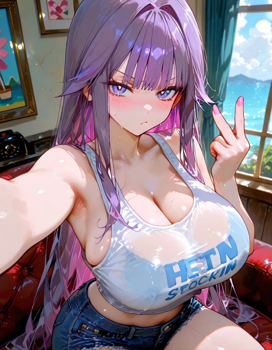 Wolf Girl, , Voluminous light purple hair, masterpiece , Red eyes, hd, Thick thighs, Head to , buried in my chest、Double teeth、tooth、Chubby、Grinning、Frilled bikini、Big Tits、Denim Jacket