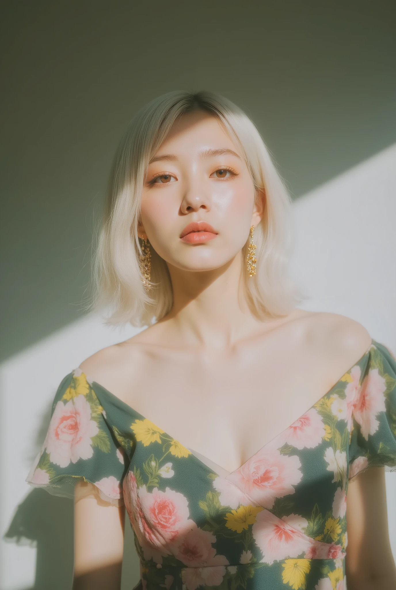 20 year old Japanese woman, beautiful face, short bob haircut, slim figure, designer dress, statement earrings, standing pose, confident expression, white backdrop, butterfly lighting, 50mm lens, fashion magazine style, vibrant colors, masterpiece, best quality, highly detailed, fashion photography