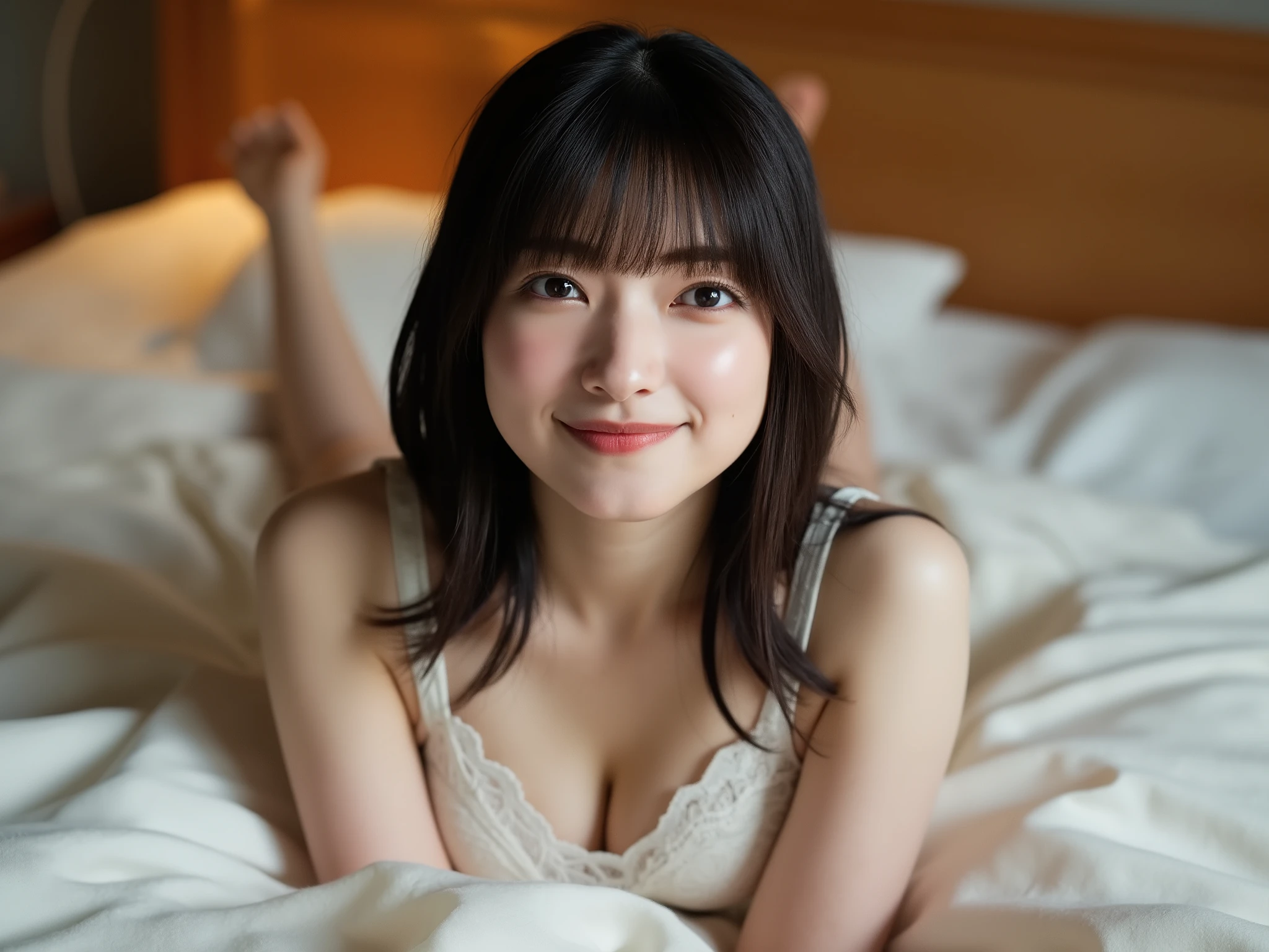 Relaxed atmosphere。inside the house。lies down in bed。I'm wearing a transparent white lace bra and thong。Beautiful Cleavage。A Woman Smiles Embarrassingly、the face looks bright and elegant。hair is black、bangs and long gentle waves。 bright black eyes 。背景はinside the houseです 、portrait-style soft blur and shallow depth of field wearing a transparent white lace bra and thong。Realistic high resolution、real style。