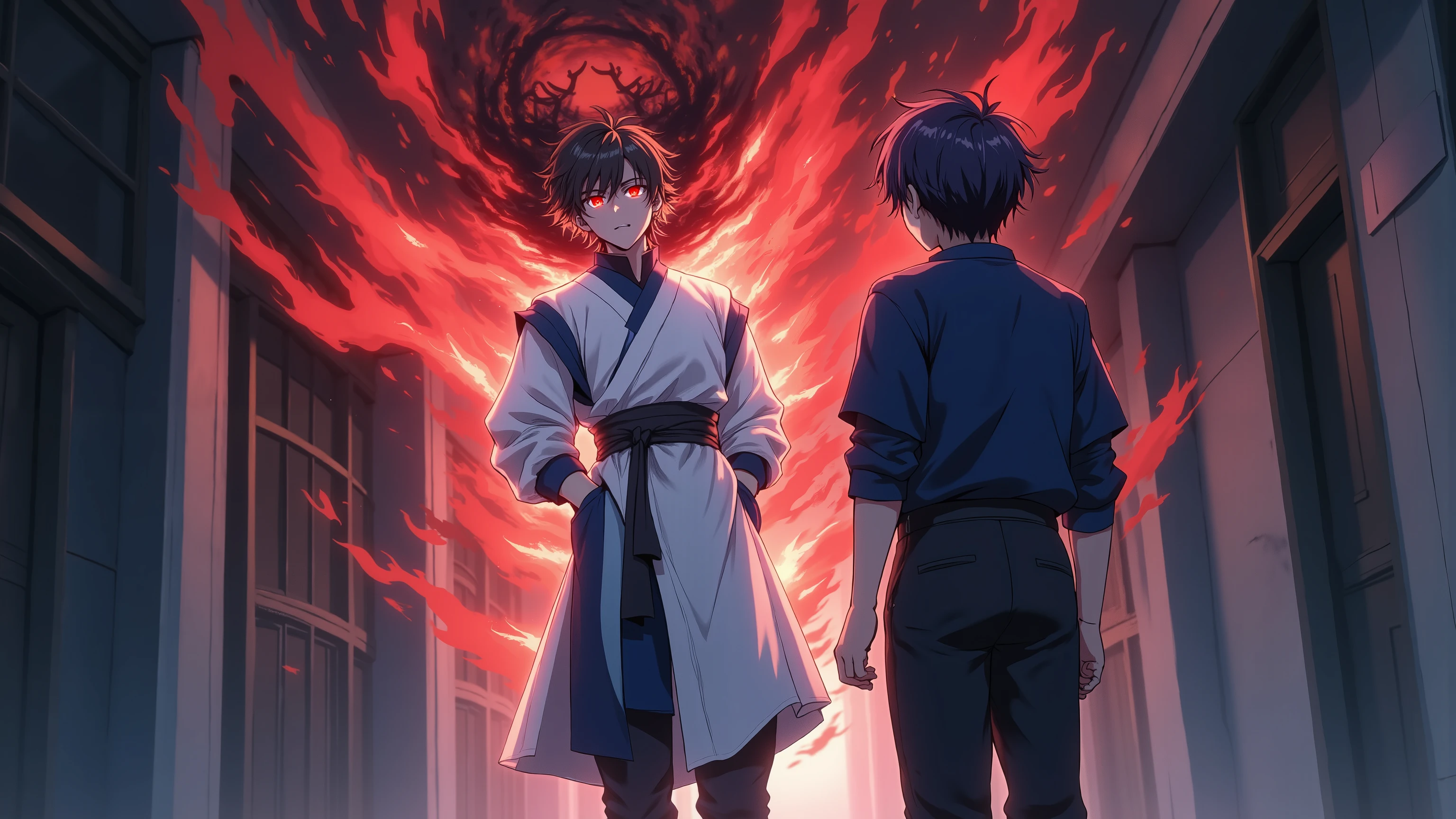 datanimestyle,Anime shot in high quality and cinematic style, School hallway scene, background is blurred. Guy B the left side of the image is dressed in a bright academic or temple uniform: a long white tunic with blue accents and a high collar, belted by a dark belt, dark loose pants and neat shoes. The clothing fabric is drawn in detail, with soft pleats, with shadows and light transitions. you can see him from the waist. He has short black hair. The camera looks at him from the bottom up as if this character is looking down on another character. The guy looks down at the second guy with a very angry and contemptuous look. He looks frightening but very calm as if he dominates very much. His eyes are covered by the shadow of his hair creating a dark look. His eyes glow red. He is surrounded by red and black flame, a symbol of his power. On the right side of the image, the guy who talks to him. He stands with his back to the camera and looks at the character (only the back of his head and a little bit of his back). He is wearing the same clothes as he has dark purple long hair. The scene should take advantage of the atmosphere of conflict between two students where one of them is clearly a very powerful and frightening character with an anime star like the strongest. close-up