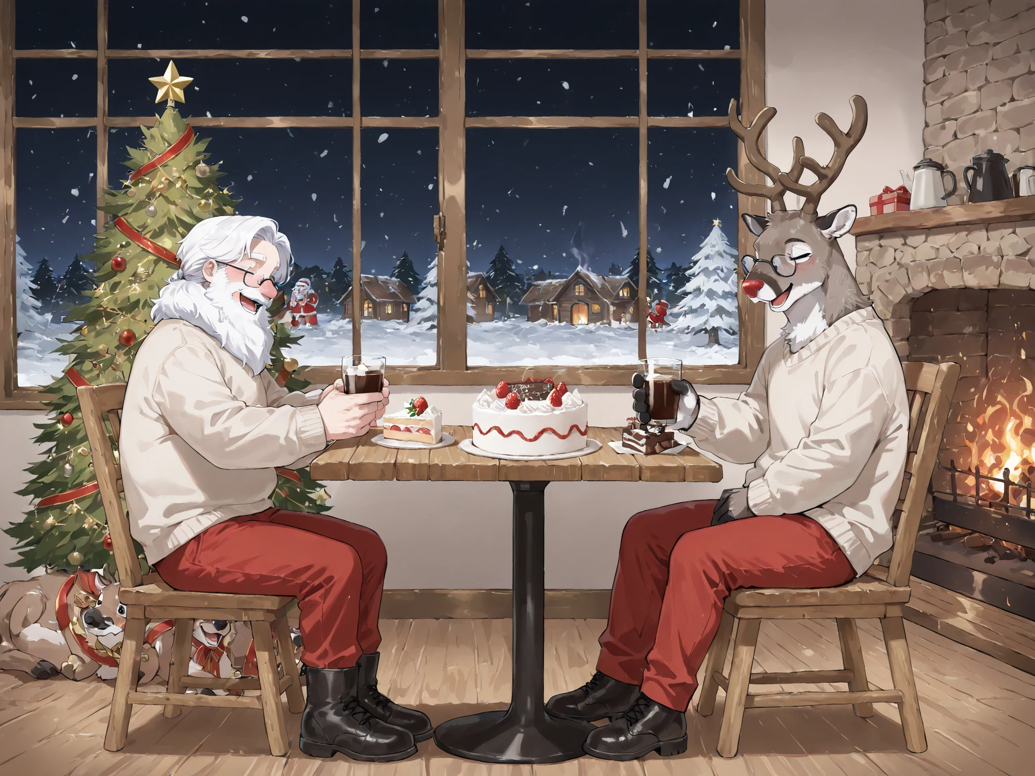 Masterpiece ,top quality ,very beautiful , absolute resolution ,Super Detailed ,Perfect configuration , anatomically correct ,
(from front, from side),
2persons in same flame, together, same frame, both visible,
1man, Santa Claus, white hair, white beard, very little glasses, blushed nose, black eyes,
no cap, beige sweater, red pants, black boots,
sitting on wooden chair, holding glass, smile, laughing, closed eyes, :D,
BREAK,
(1reindeer:1.3), animal, sitting wooden chair, half closed eyes, long eyelashes on the head, coffee,
fireplace, log house, window, Christmas trees, Wooden Table, Christmas cake, night, snow,
