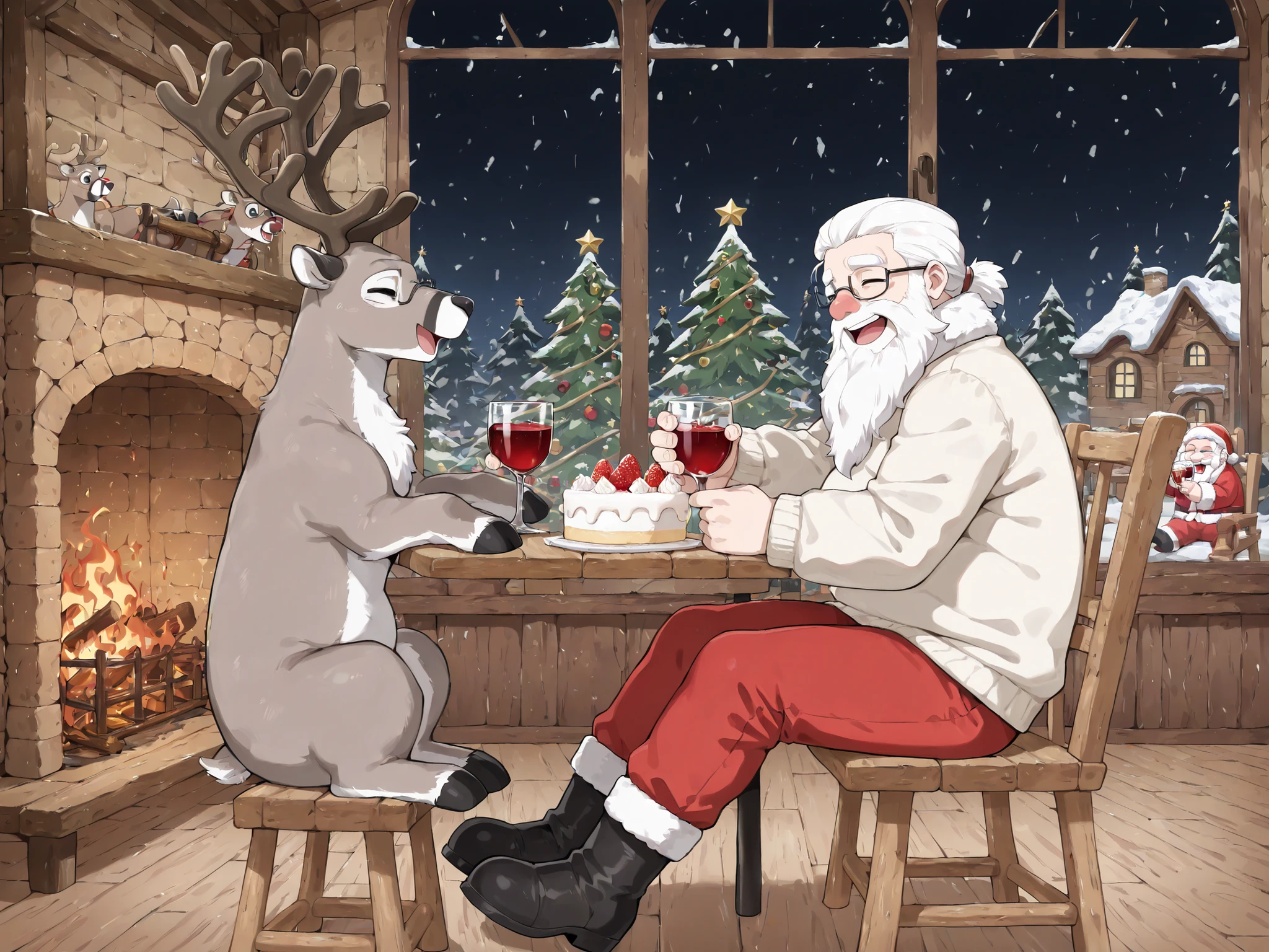 Masterpiece ,top quality ,very beautiful , absolute resolution ,Super Detailed ,Perfect configuration , anatomically correct , (detailed:1.3), (anime style:1.3),
(from front, from side), dynamic perspective,
2persons in same flame, together, same frame, both visible,
1man, Santa Claus, white hair, white beard, very little glasses, blushed nose, black eyes,
no cap, beige sweater, red pants, black boots,
sitting on wooden chair, holding glass, smile, laughing, closed eyes, :D,
BREAK,
(1reindeer:1.3), animal, sitting wooden chair, half closed eyes, long eyelashes on the head, drinking wine,
fireplace, log house, window, Christmas trees, Wooden Table, Christmas cake, night, snow,