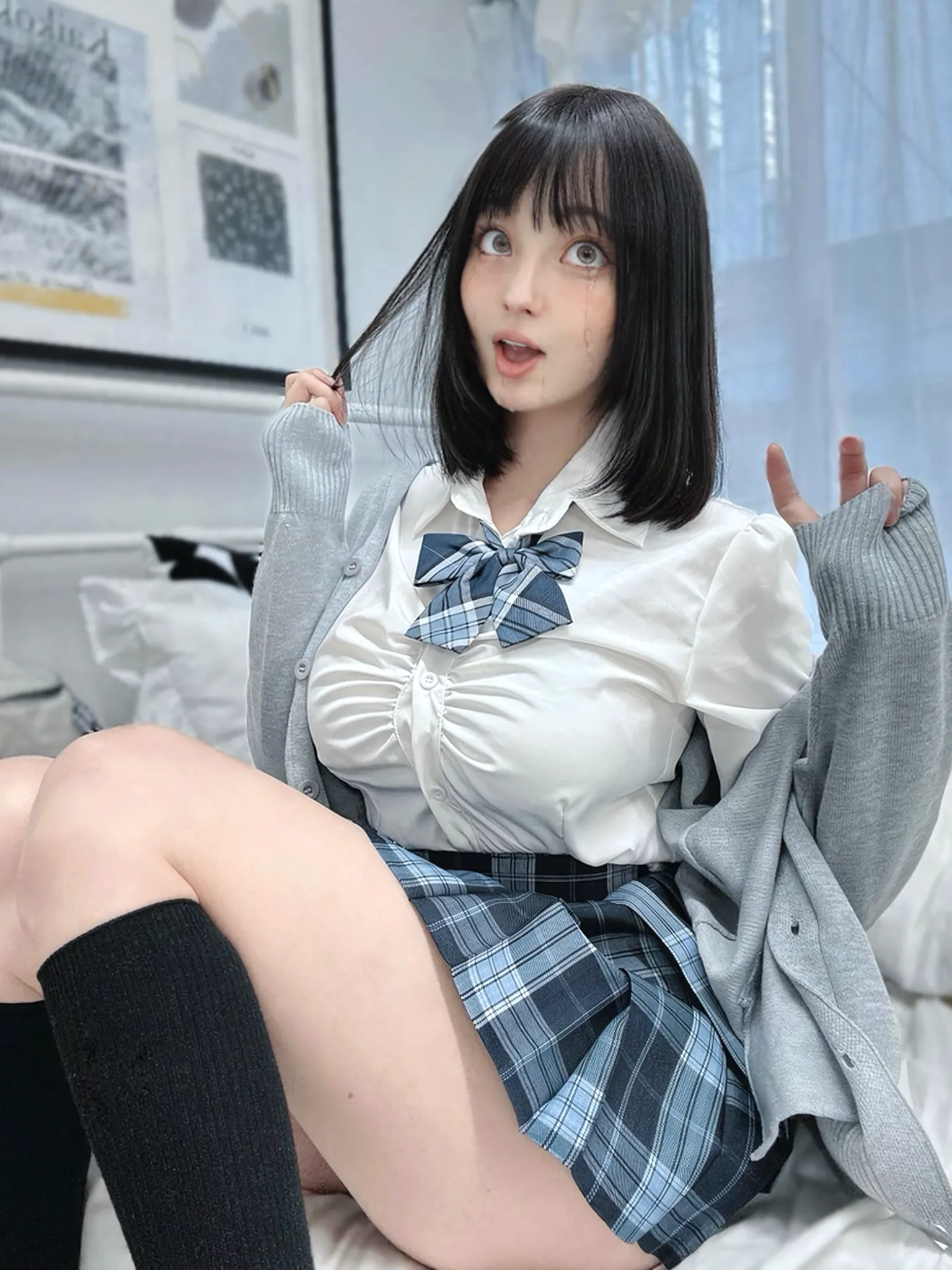 Normal location、high school girl、School、Black Hair、Long hair with bangs、Low-rise panties、Low - Angle、clear、Grey panties、 Schoolの制服、Panties in full view、Spread your legs、Very short pleated skirt、Tight panties、Beautiful woman、Very thick thighs、Unbuttoned shirt、Black knee socks、Scrunchie、Acme Face、orgasm、Best image quality、High resolution、masterpiece、super high quality、Spread your legs、Thick pubic hair、絶叫顔、Very big ass、Very   、Blushing、4K quality、Blushing、Cry of ecstasy、Sweaty all over、Heavy breathing、Cowboy Shot、Cowboy Shot、{highest quality}, {so beautiful}, {Very detailed}, {Best illustrations}, Browsing Caution, 